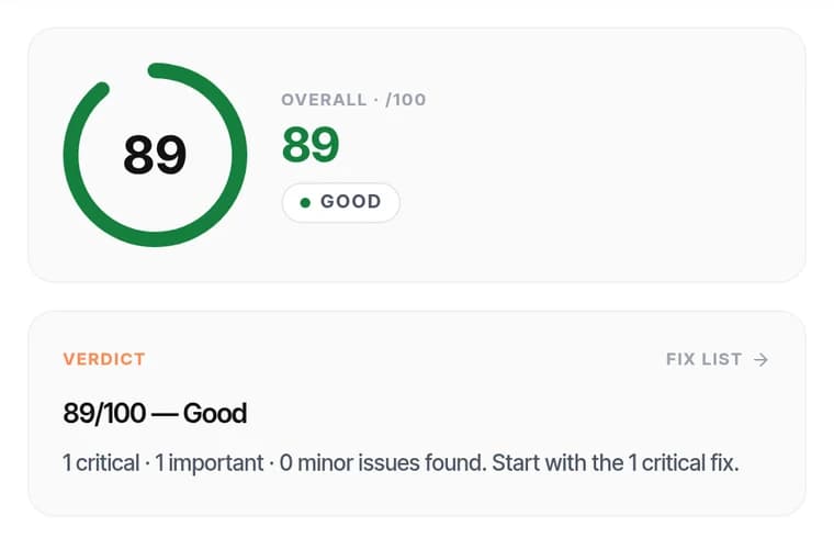 The SlapMyWeb verdict panel: an overall score out of 100 with a plain-English summary of what to fix first.