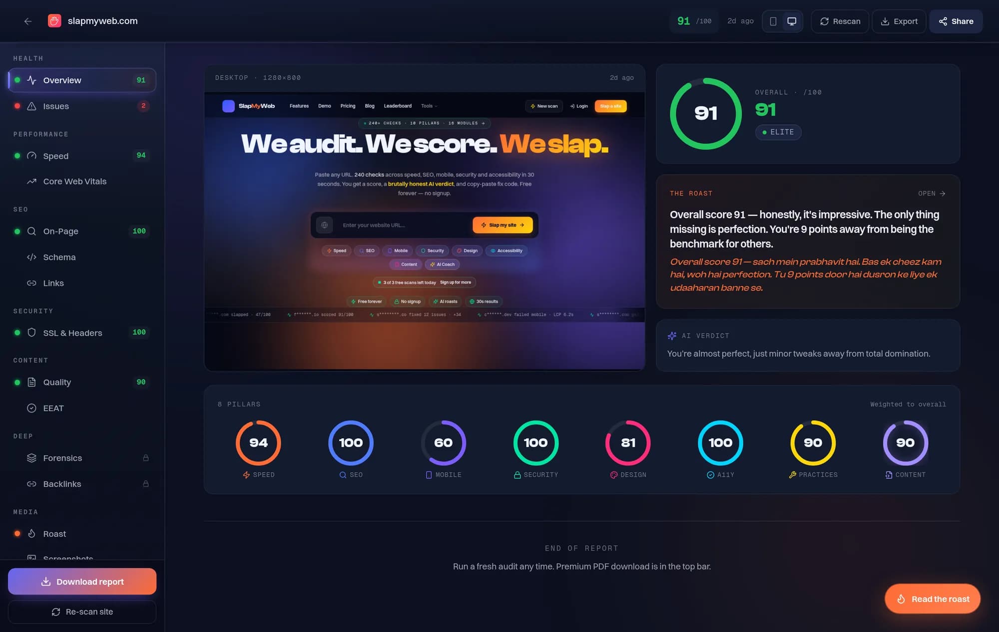 SlapMyWeb website audit report showing an overall score of 91 out of 100, an AI verdict, and per-pillar scores for speed, SEO, mobile, security, design, accessibility and content