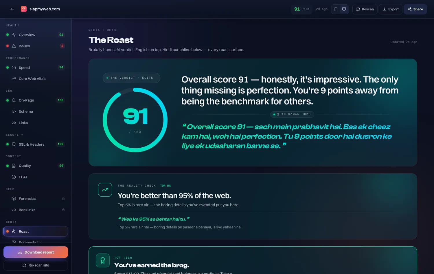 SlapMyWeb AI roast section: a 91/100 score with an English verdict and a Roman-Hindi punchline beneath it
