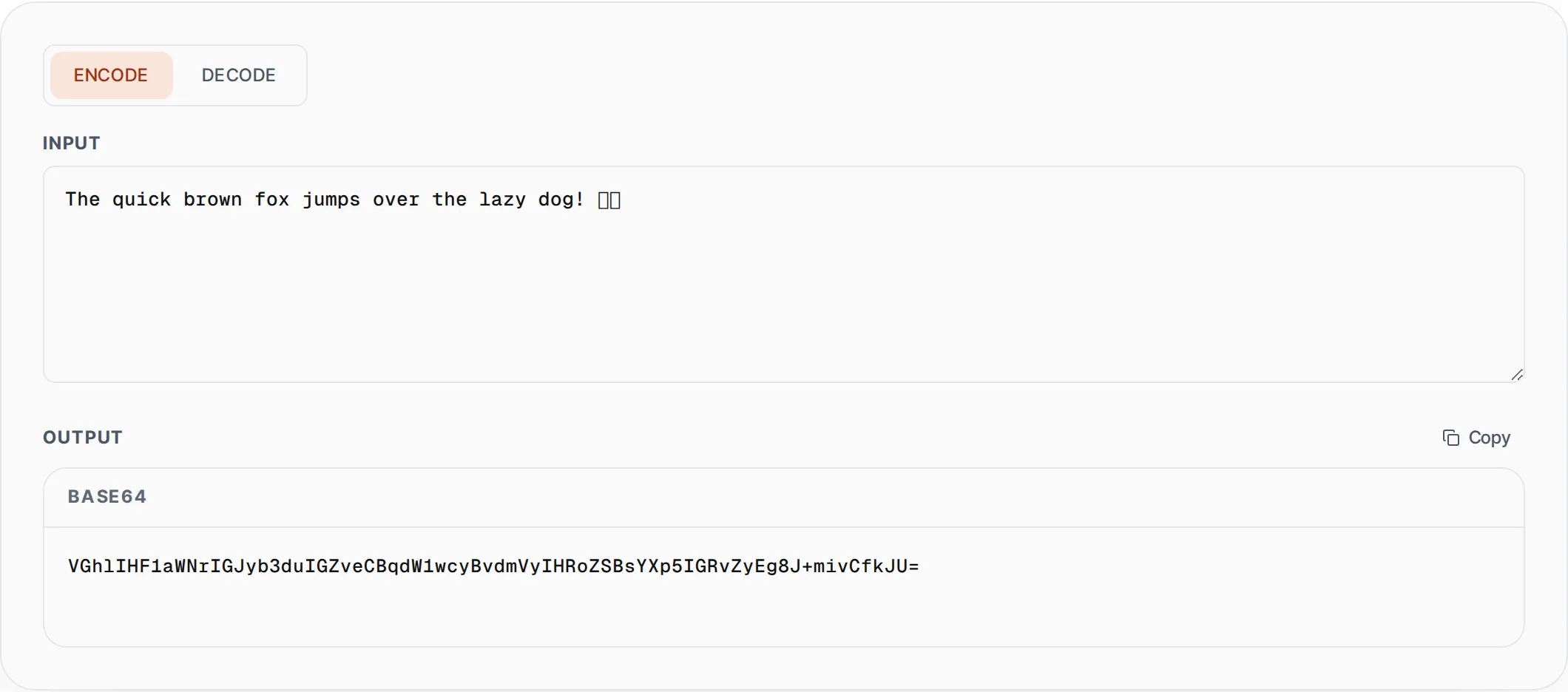Base64 Encoder & Decoder showing a worked example — Encode text to Base64 or decode Base64 back to text. Full Unicode and emoji support.