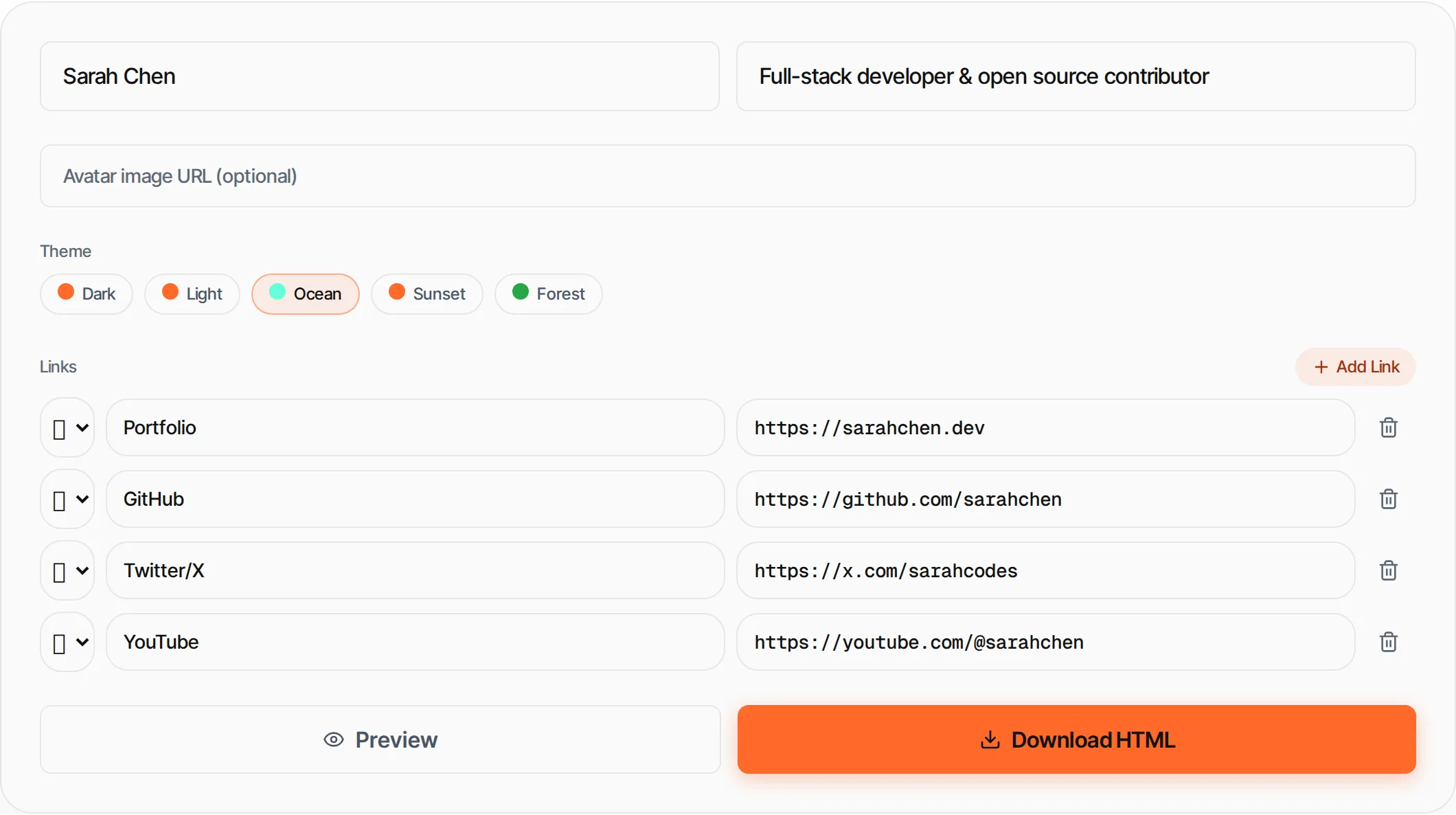 Bio Link Generator showing a worked example — Create a simple link-in-bio page with your name, photo, links and social profiles. Download as HTML.