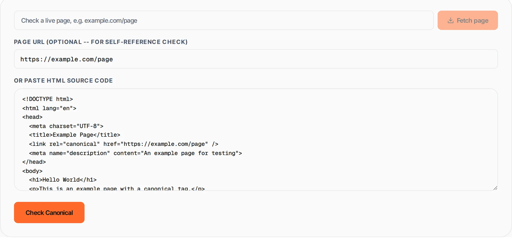 Canonical Tag Checker showing a worked example — Check canonical tags on any URL. Detect self-referencing, missing or conflicting canonical URLs.