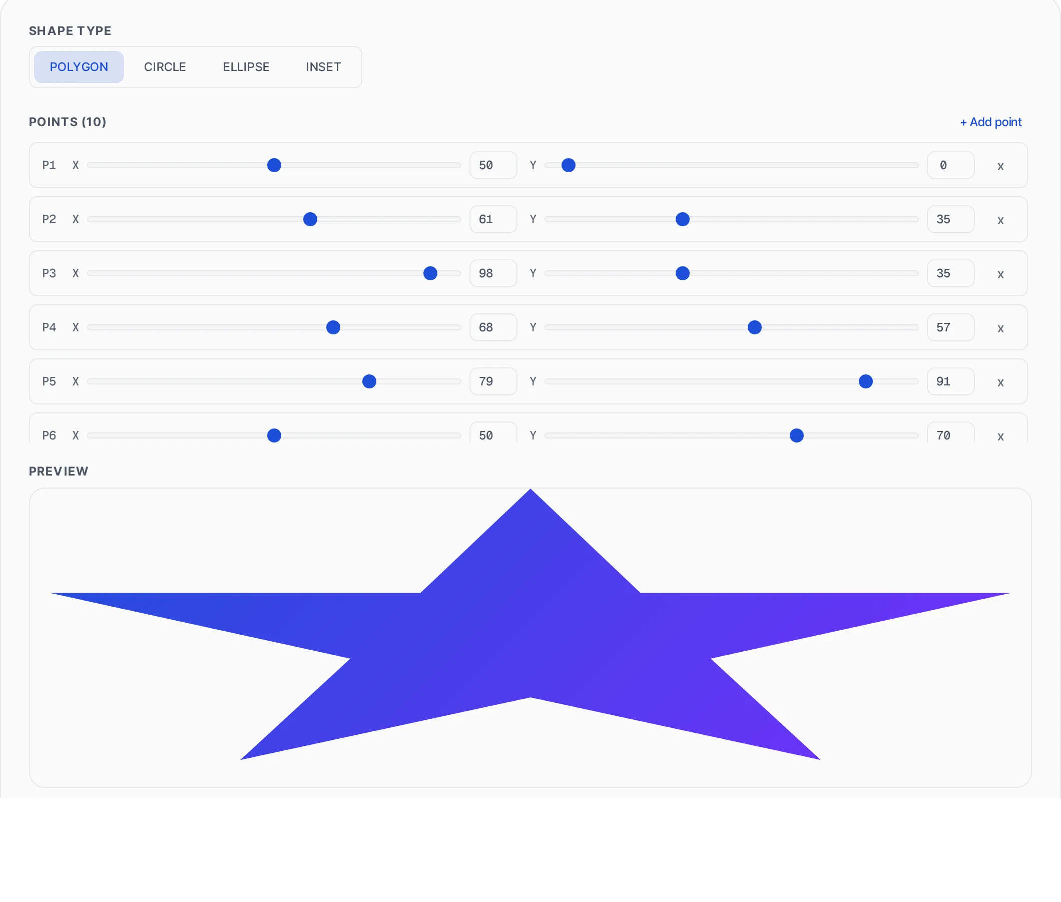 CSS Clip-Path Generator showing a worked example — Build CSS clip-path shapes visually — polygon, circle, ellipse and inset with drag handles.