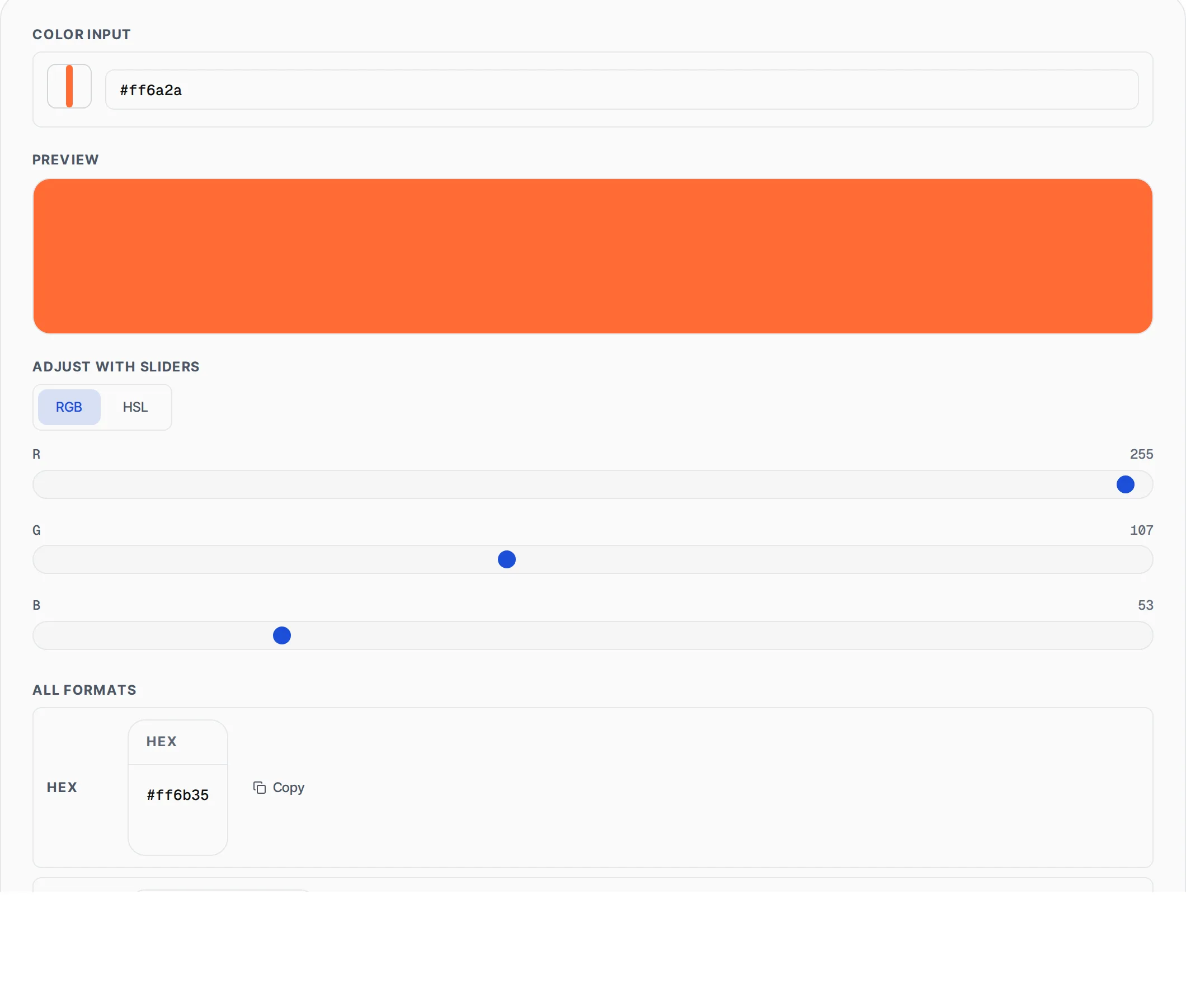 Color Converter showing a worked example — Convert colors between HEX, RGB, HSL, HSB and CMYK. Live preview with instant copy.