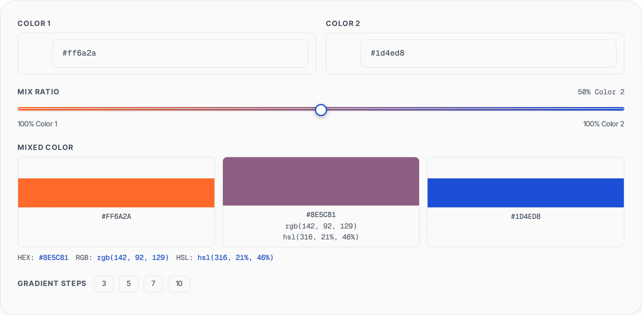 Color Mixer showing a worked example — Mix two or more colors together. Blend in RGB, HSL or LAB color space. See intermediate shades.