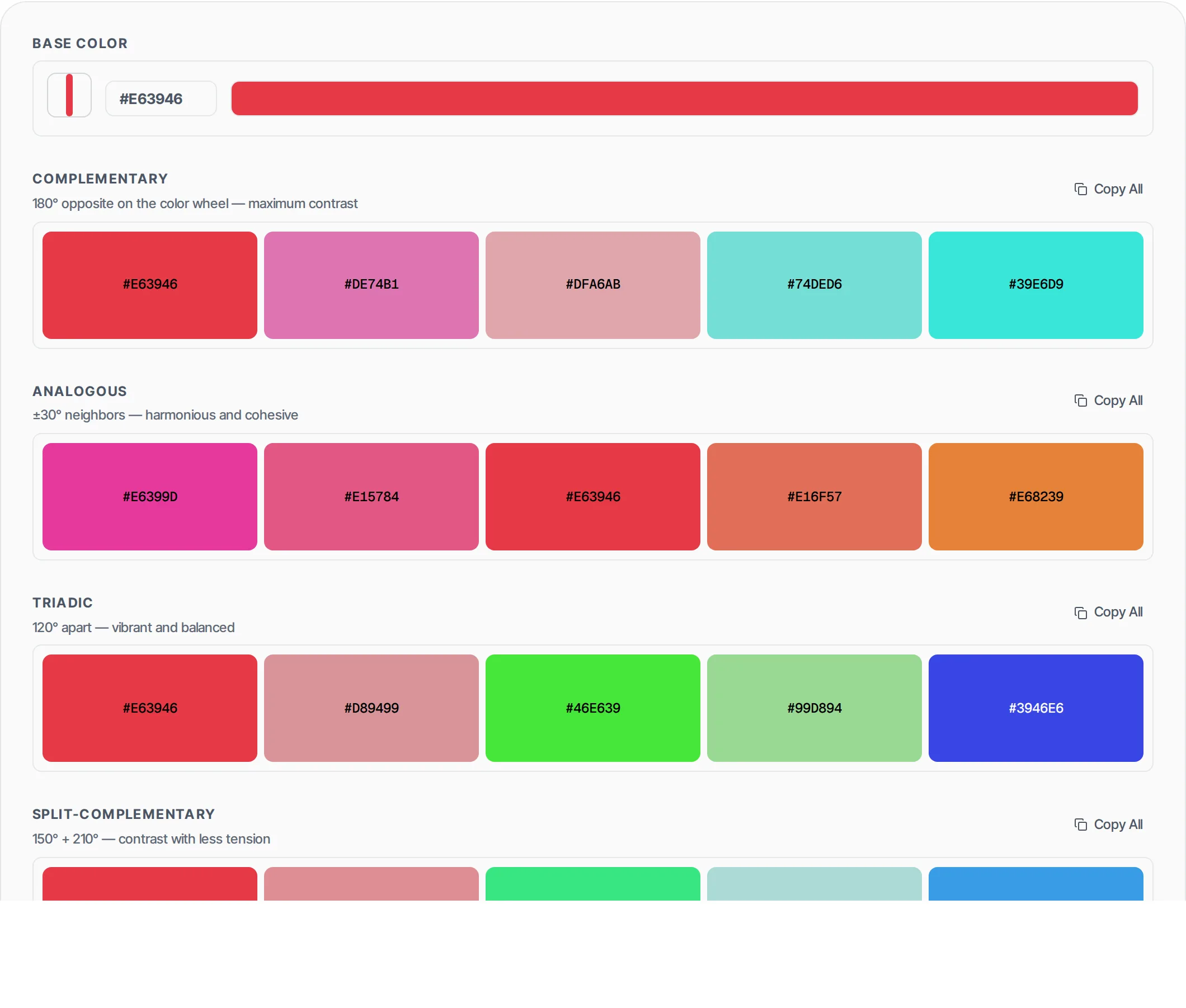 Color Palette Generator showing a worked example — Generate harmonious color palettes — complementary, analogous, triadic, split-complementary and tetradic.