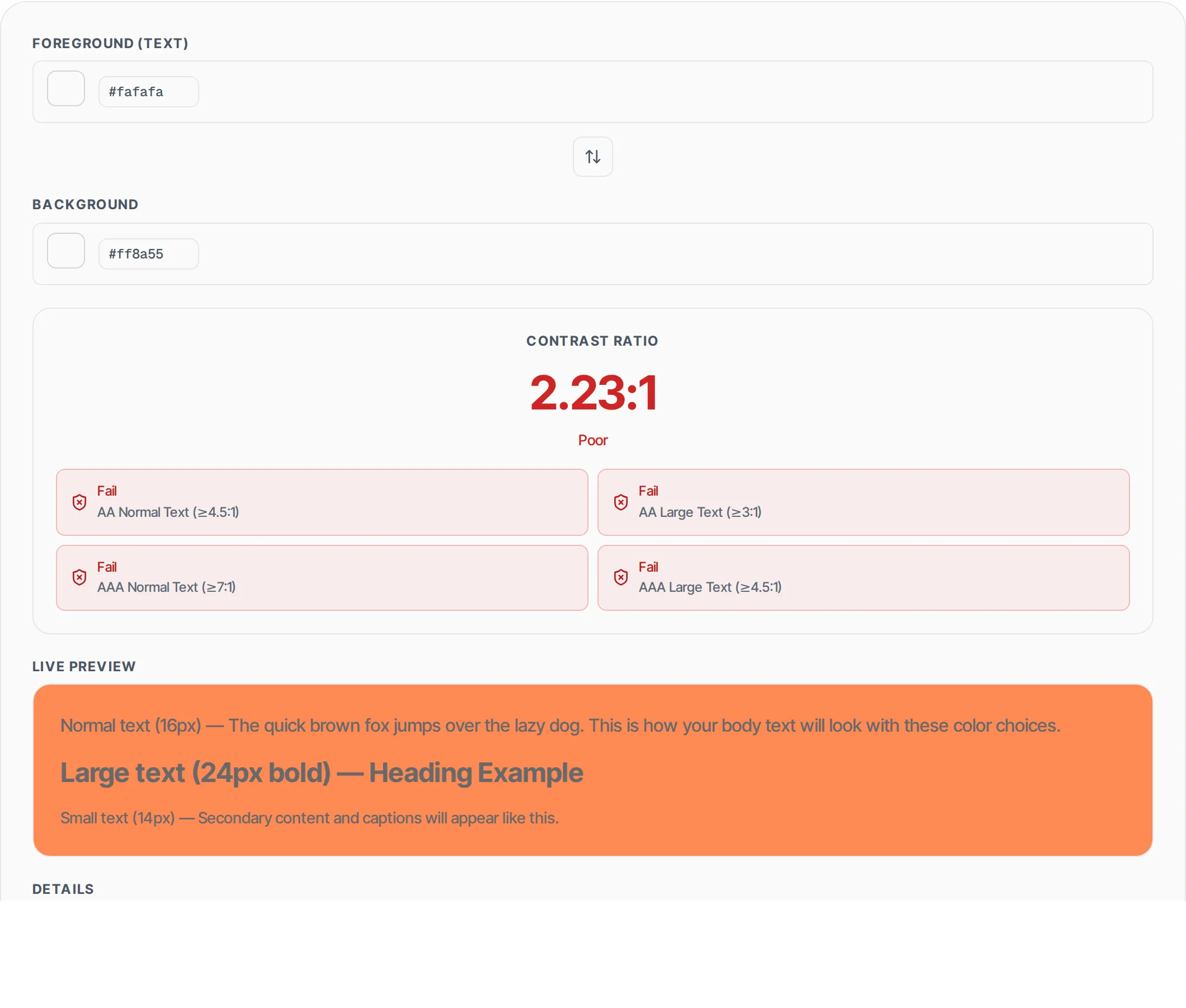 Contrast Ratio Checker showing a worked example — Check WCAG 2.1 AA and AAA contrast compliance between text and background colors.