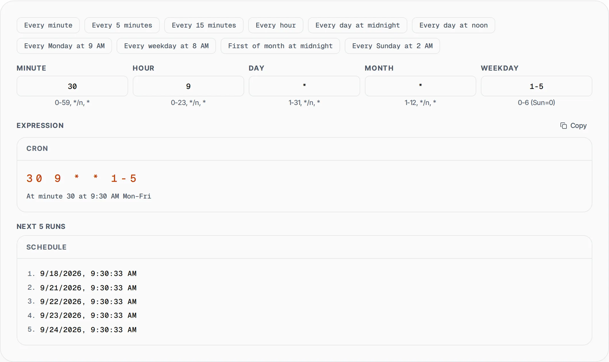 Cron Expression Generator showing a worked example — Build cron expressions visually with plain-English descriptions and next-run preview.