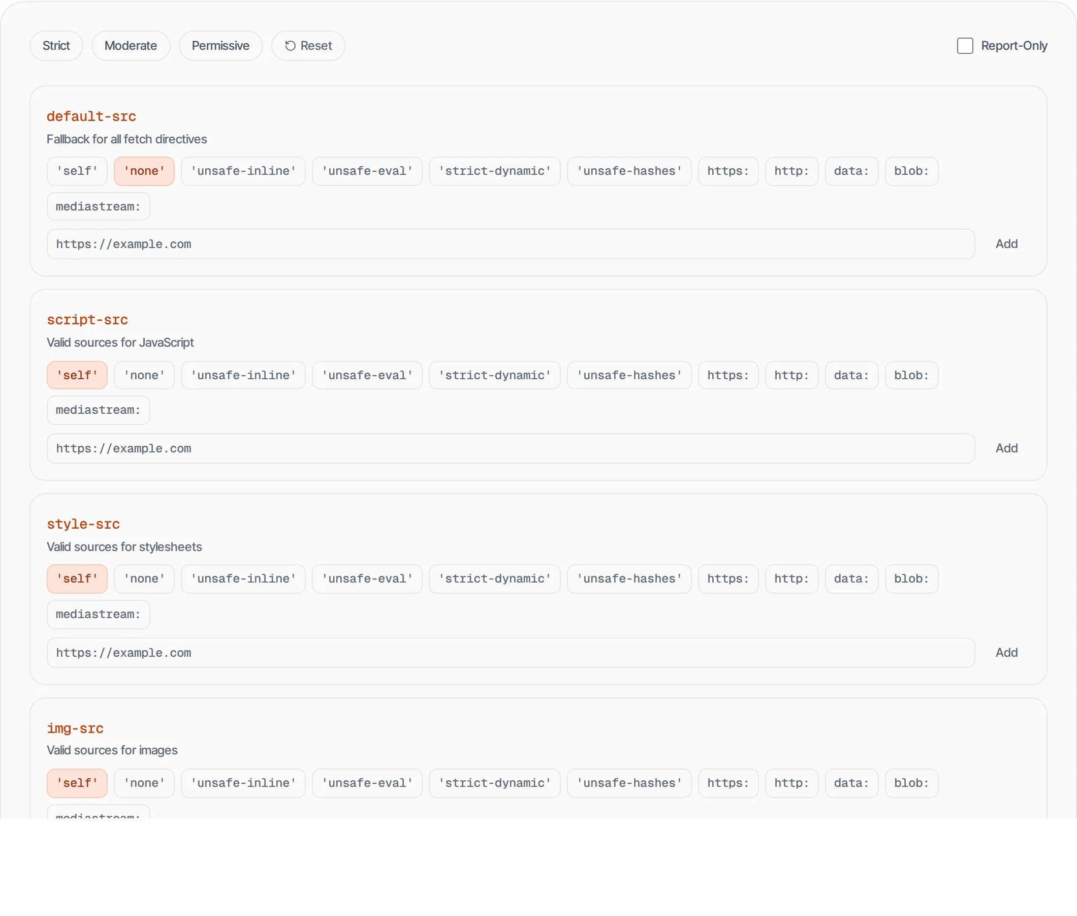 CSP Header Generator showing a worked example — Build Content-Security-Policy headers visually. Configure directives with presets and copy the header.