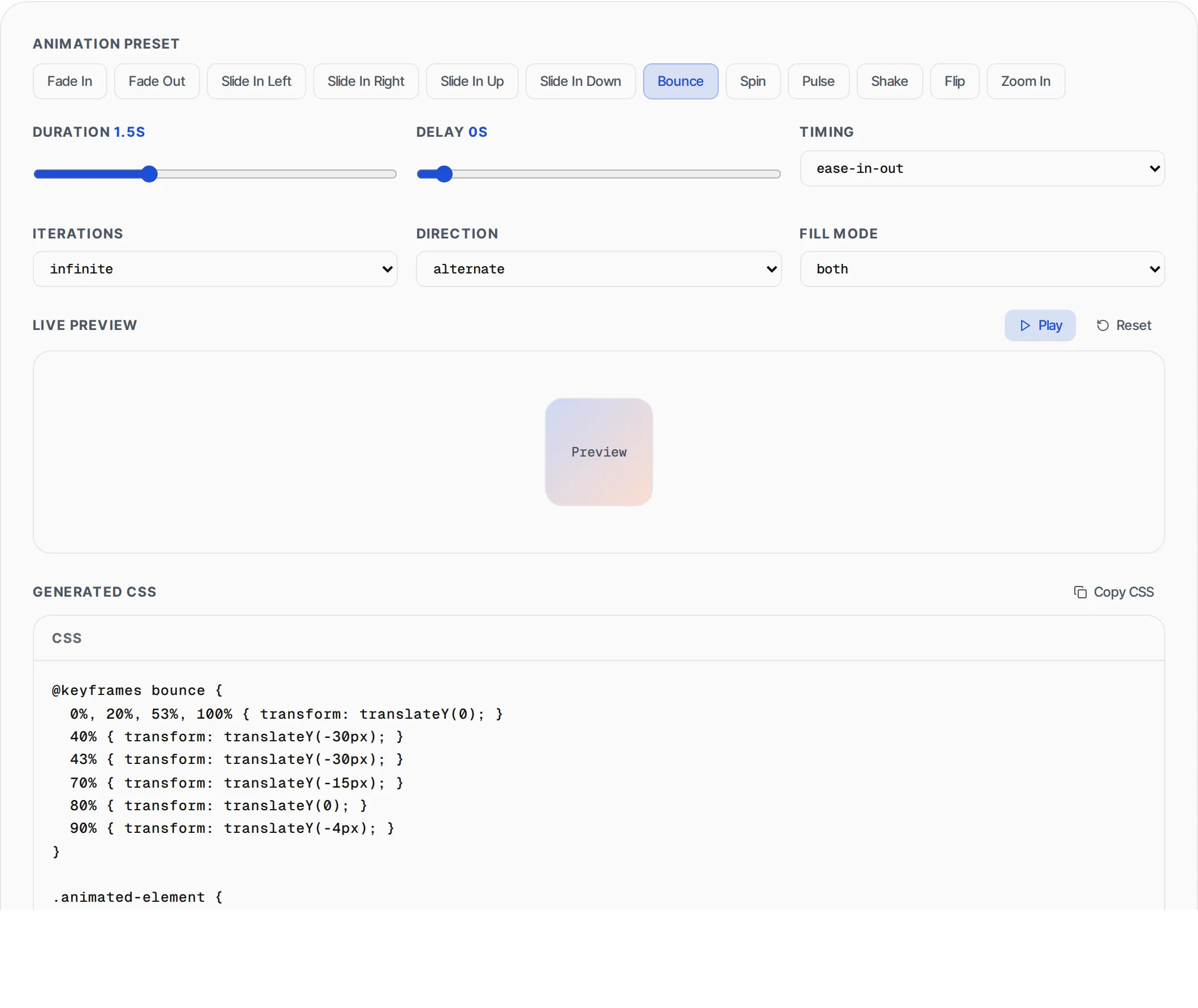 CSS Animation Generator showing a worked example — Build CSS keyframe animations with visual timeline. Presets for fade, slide, bounce and spin.