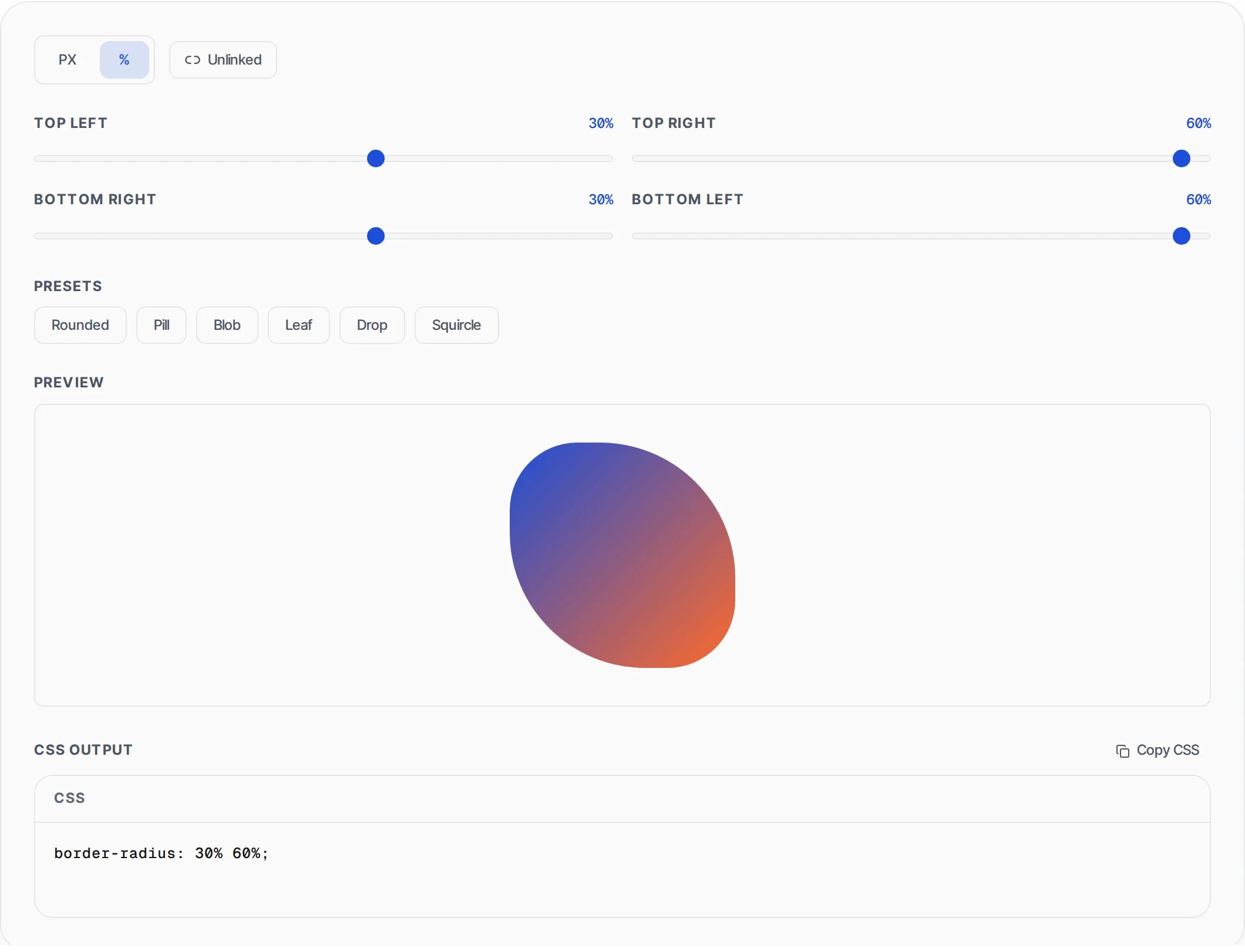 CSS Border Radius Generator showing a worked example — Design custom border-radius shapes with independent corner controls and live preview.