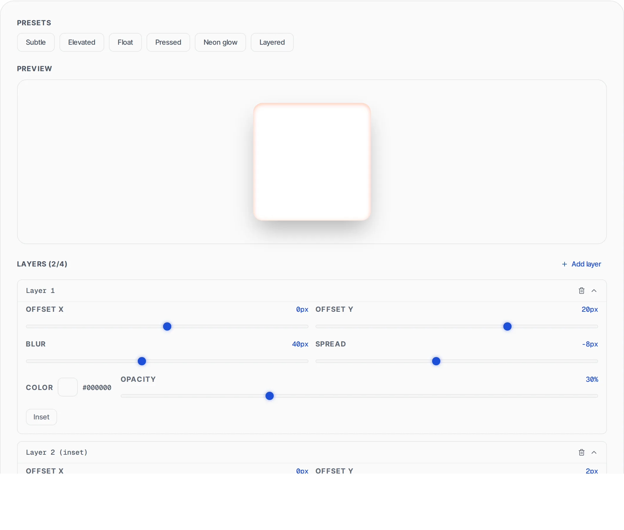 CSS Box Shadow Generator showing a worked example — Build layered box shadows visually with offset, blur, spread and color controls. Copy CSS instantly.