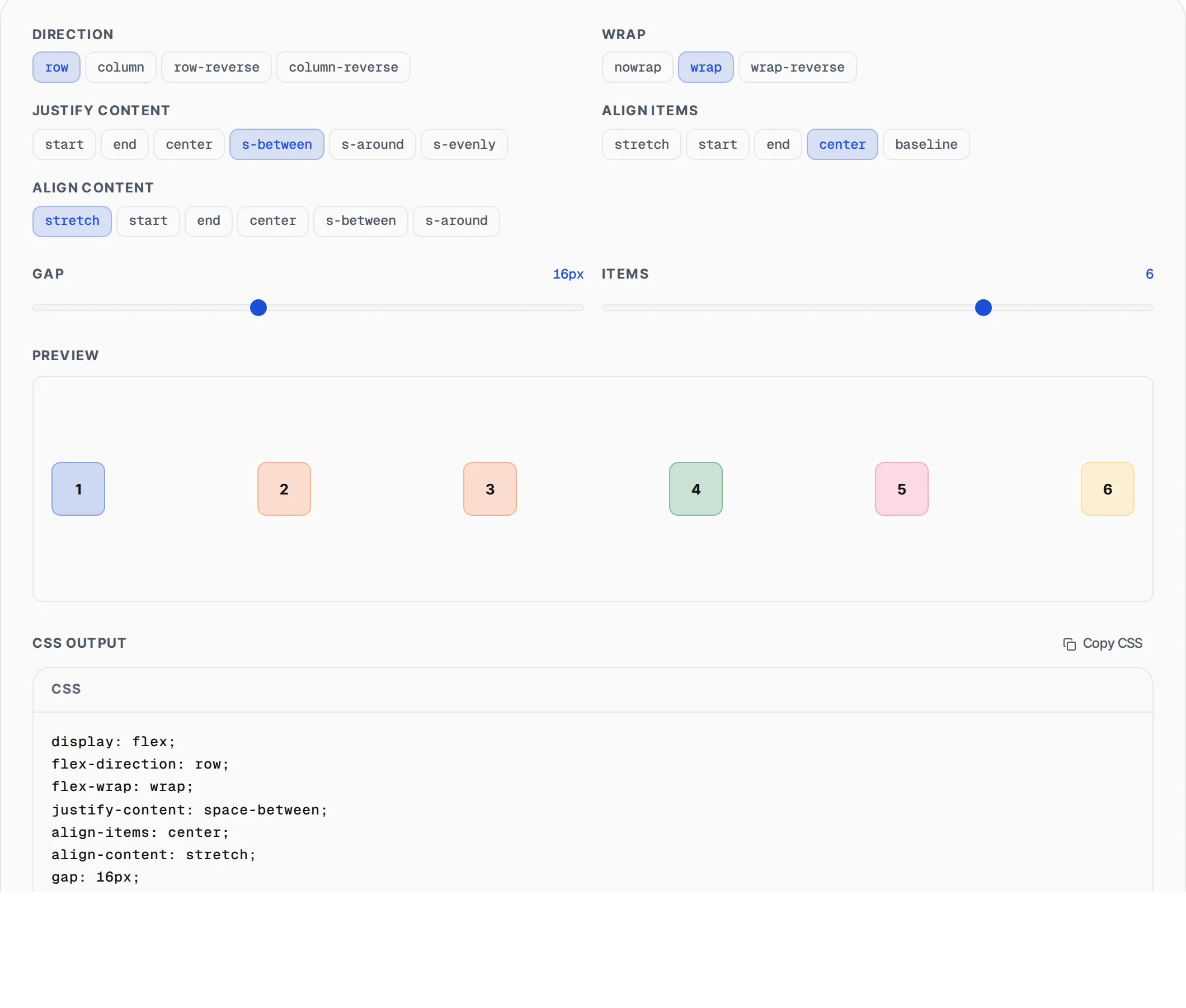 CSS Flexbox Generator showing a worked example — Visual flexbox layout builder. Configure direction, wrap, alignment and gap with live preview.
