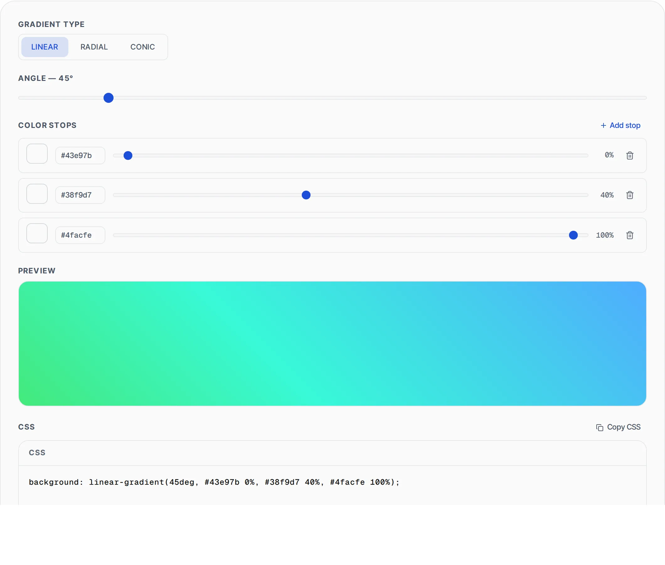 CSS Gradient Generator showing a worked example — Create beautiful linear, radial and conic CSS gradients with live preview. Copy CSS or Tailwind code.