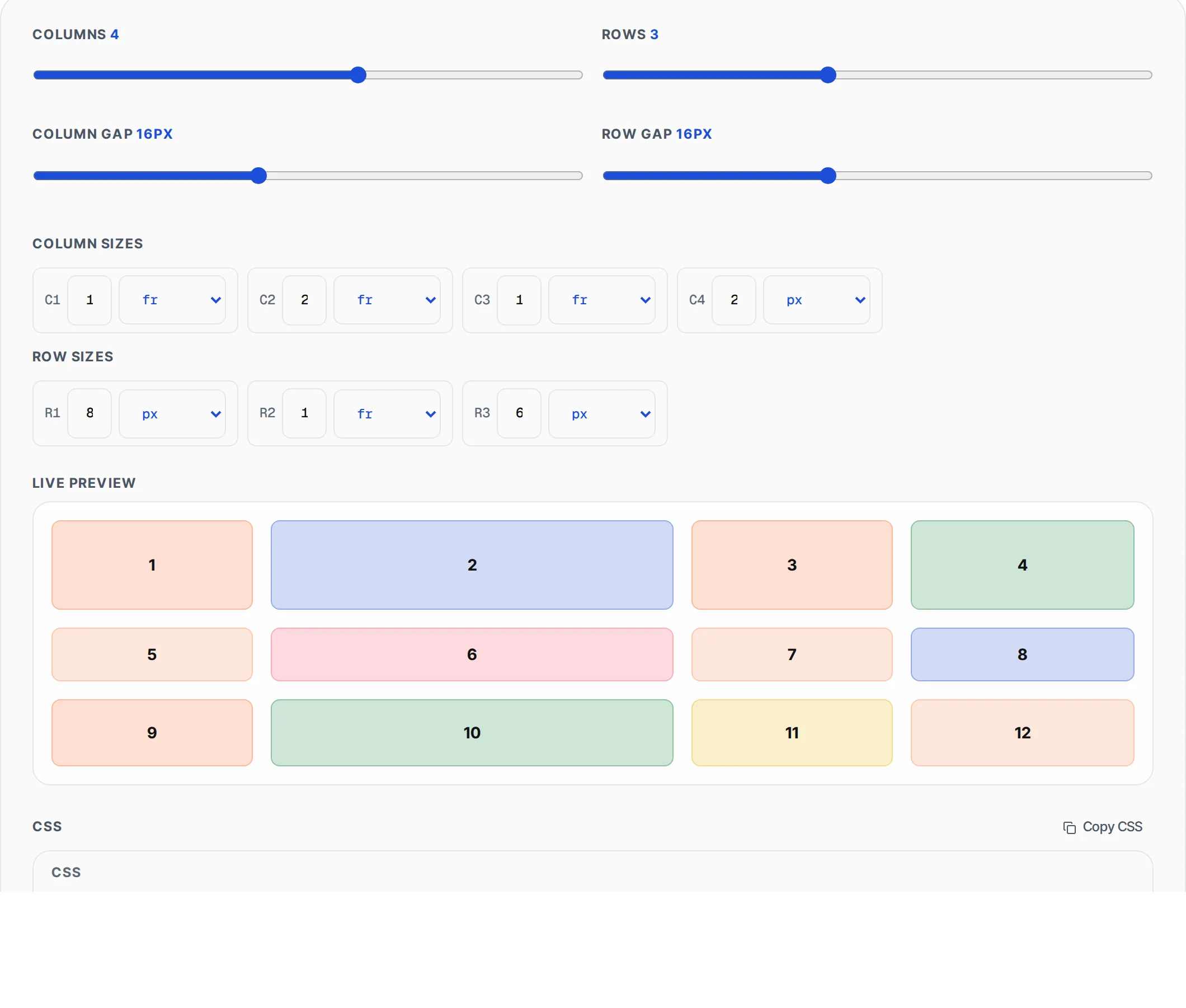 CSS Grid Generator showing a worked example — Visual CSS grid builder with rows, columns, gap and named areas. Copy CSS and HTML code.