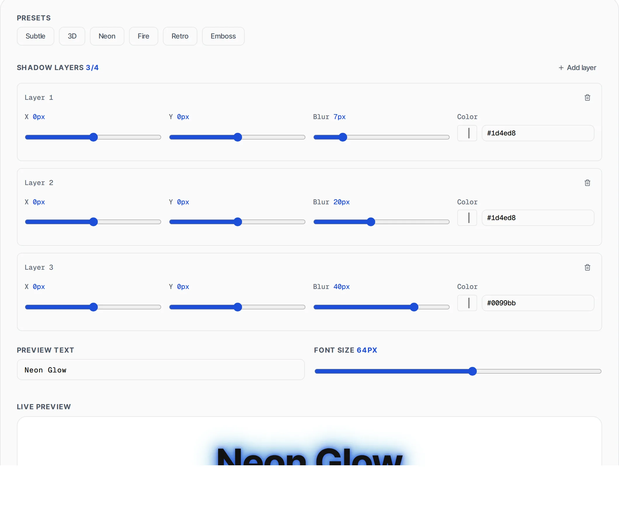 CSS Text Shadow Generator showing a worked example — Create beautiful text shadows with offset, blur and color. Multiple layers and live preview.