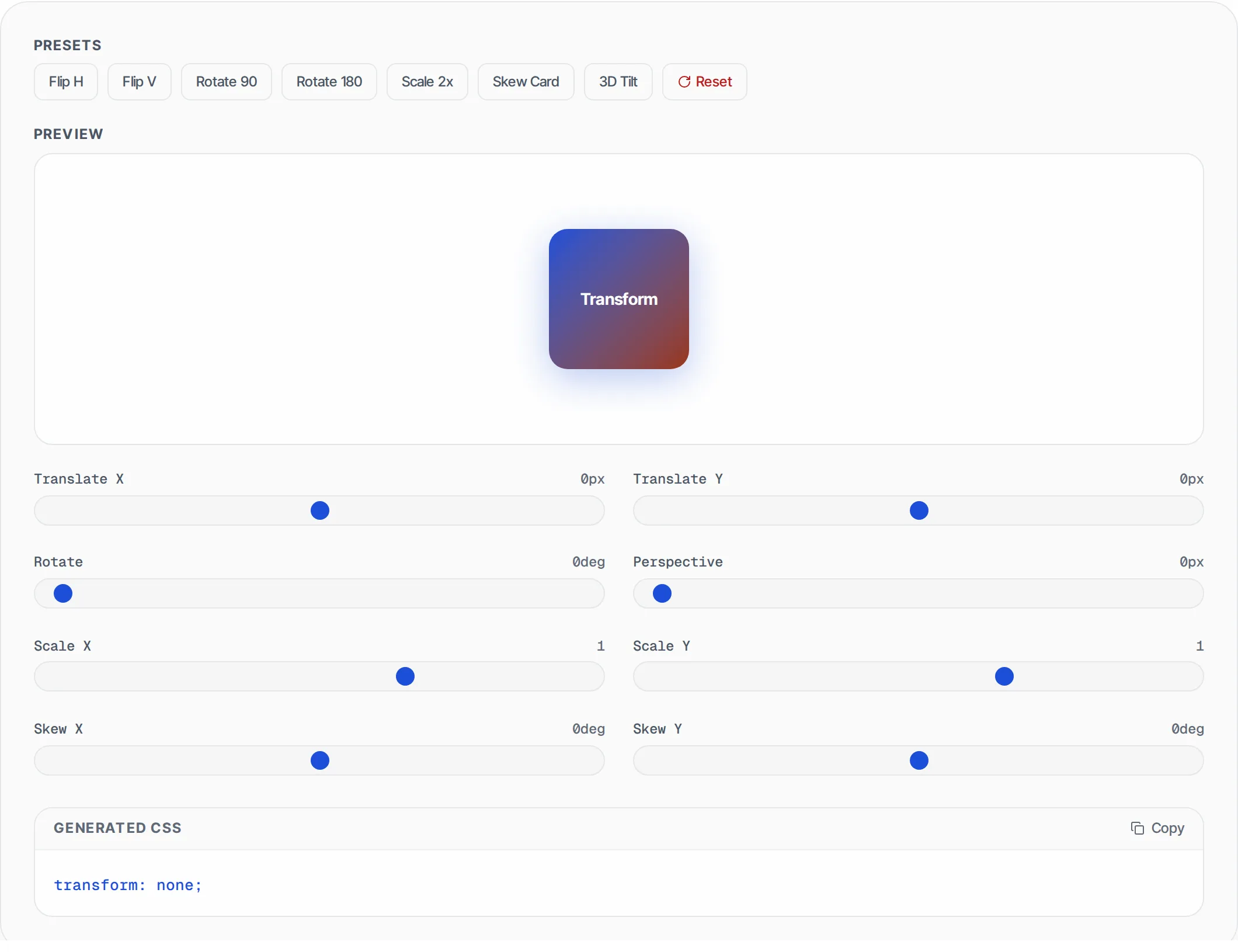 CSS Transform Generator showing a worked example — Build CSS transforms visually — translate, rotate, scale and skew with live preview. Copy CSS code.