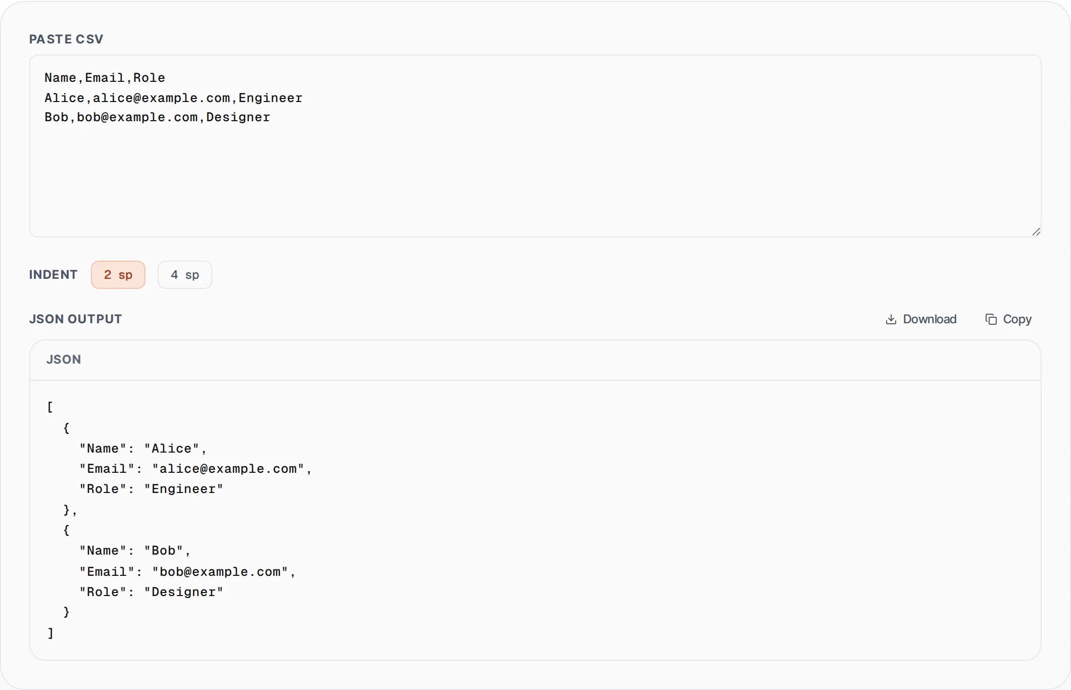 CSV to JSON Converter showing a worked example — Convert CSV data to a JSON array of objects. Handles quoted fields and commas.