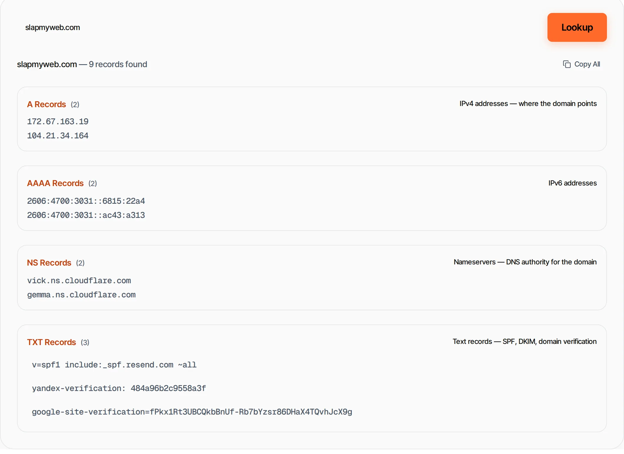 DNS Lookup showing a worked example — Query A, AAAA, MX, TXT, NS and CNAME records for any domain. View DNS configuration instantly.