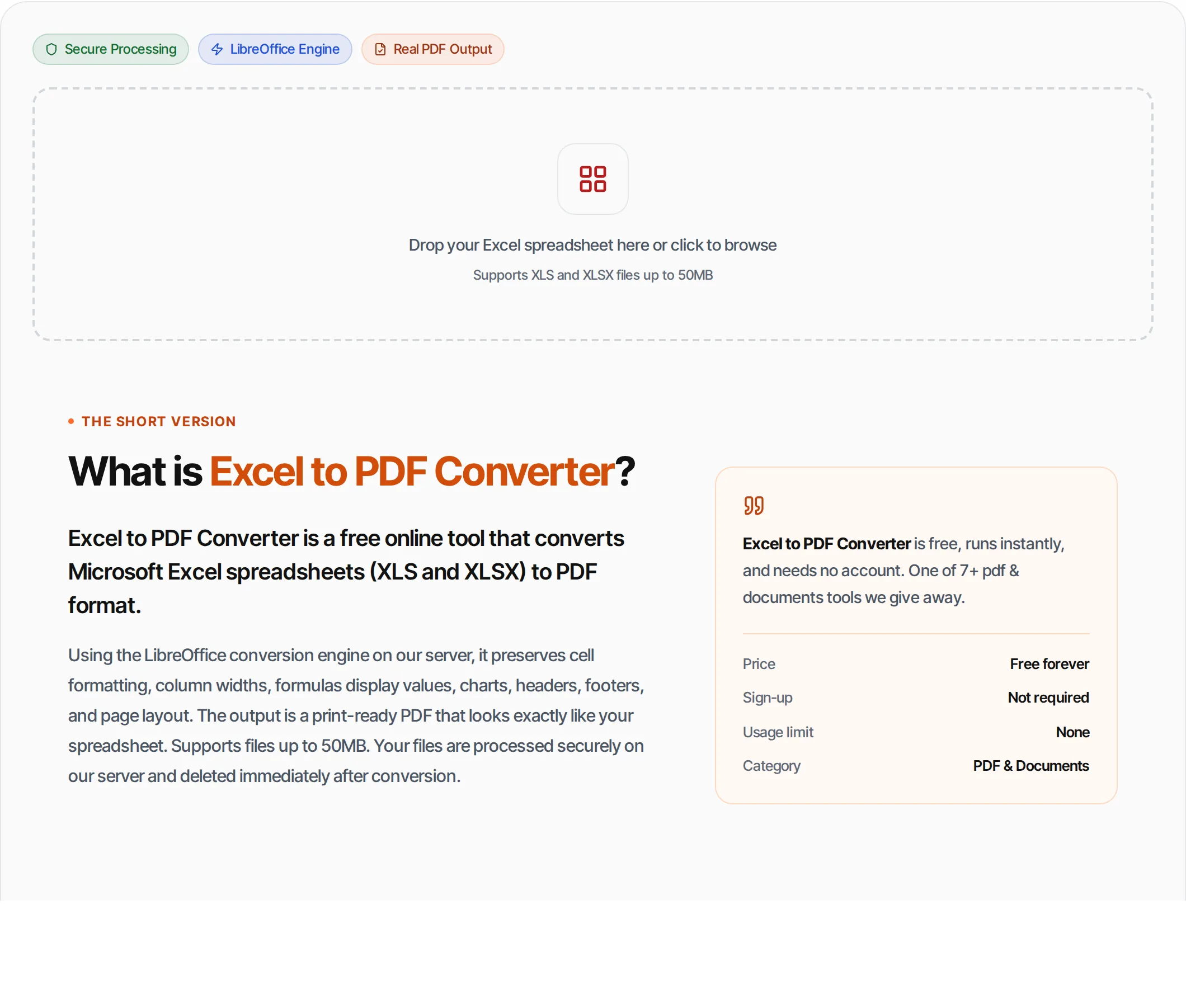 Excel to PDF Converter showing a worked example — Convert XLSX and XLS spreadsheets to PDF. Keeps cell formatting, formulas display and charts.