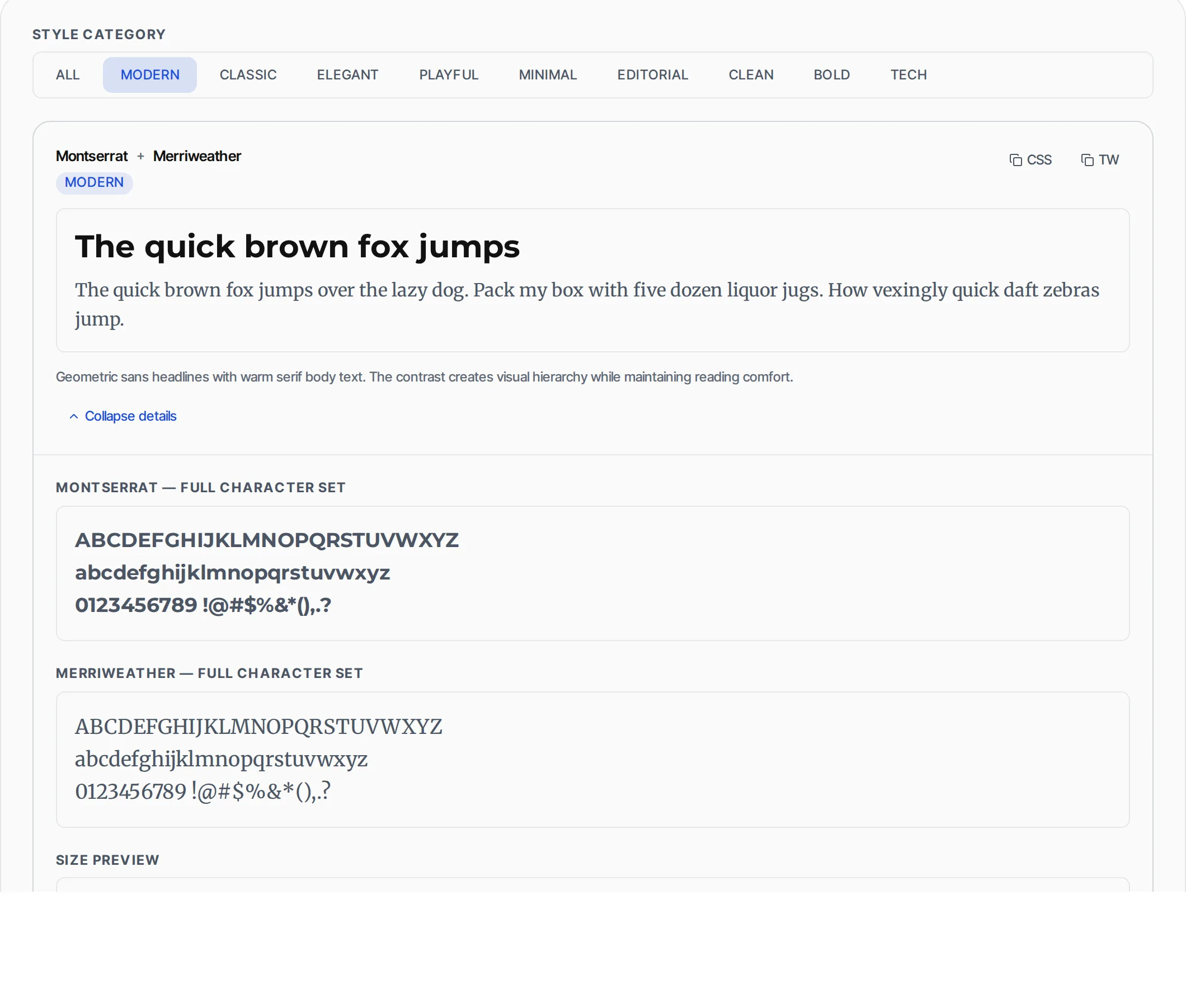 Font Pair Suggester showing a worked example — Discover beautiful Google Font pairs with live preview. Curated heading + body combos.