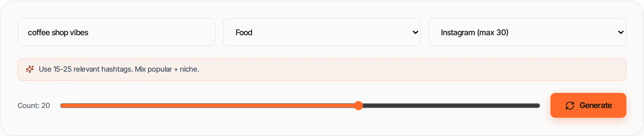 Hashtag Generator showing a worked example — Generate relevant hashtags by topic or keyword. Curated sets for Instagram, Twitter and TikTok.