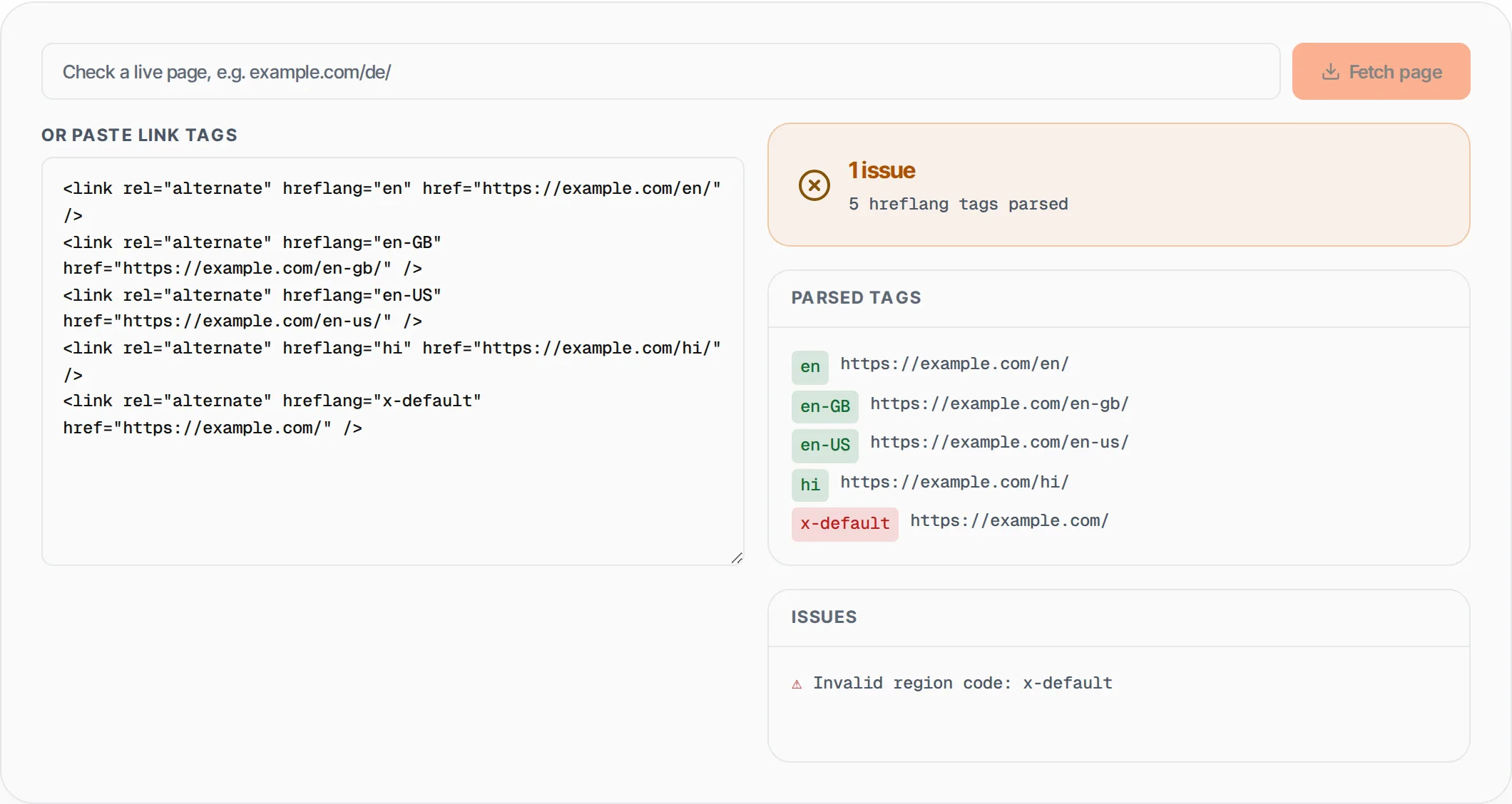 Hreflang Checker showing a worked example — Validate language + region codes against ISO 639-1 / ISO 3166-1.