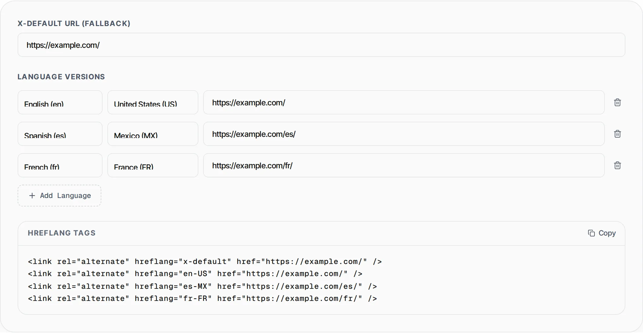 Hreflang Tag Generator showing a worked example — Generate hreflang link tags for multilingual and multi-regional websites.
