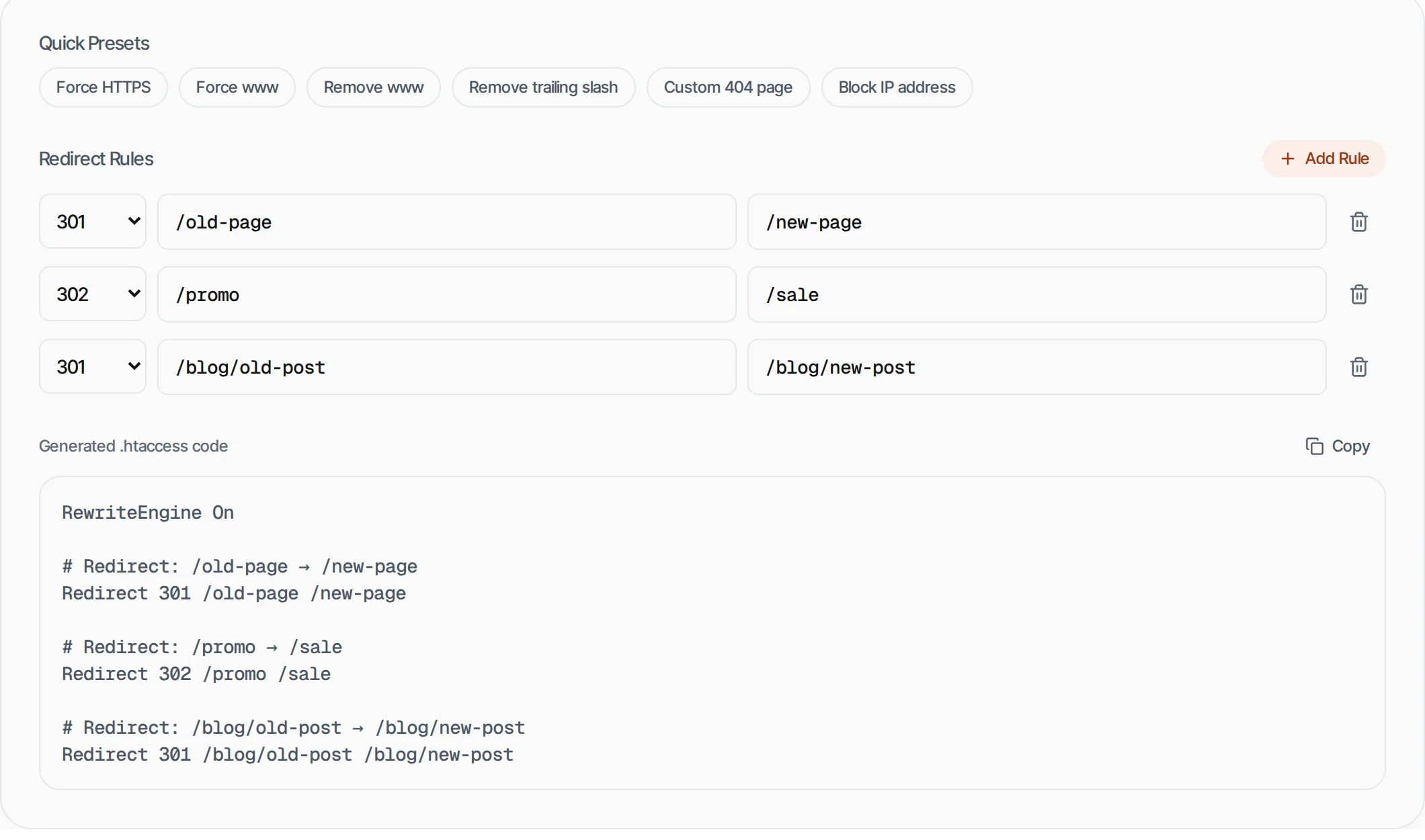 .htaccess Redirect Generator showing a worked example — Generate Apache .htaccess redirect rules — 301, 302, regex patterns and domain redirects.
