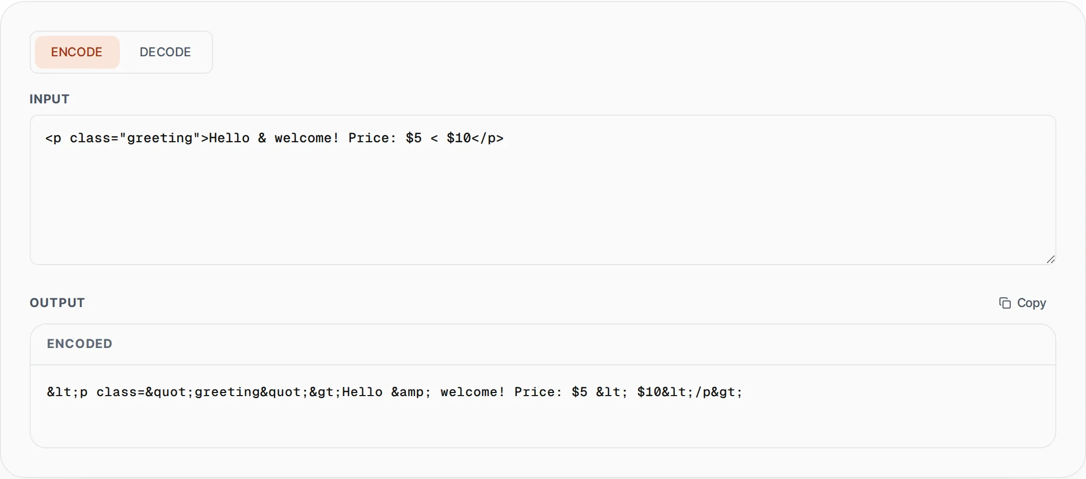 HTML Entity Encoder & Decoder showing a worked example — Encode special characters to HTML entities or decode entities back to text.