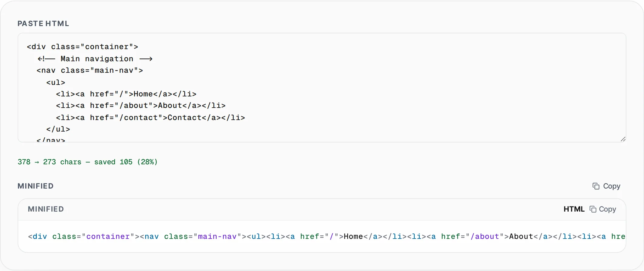 HTML Minifier showing a worked example — Minify HTML by stripping comments, collapsing whitespace. Shows size savings.