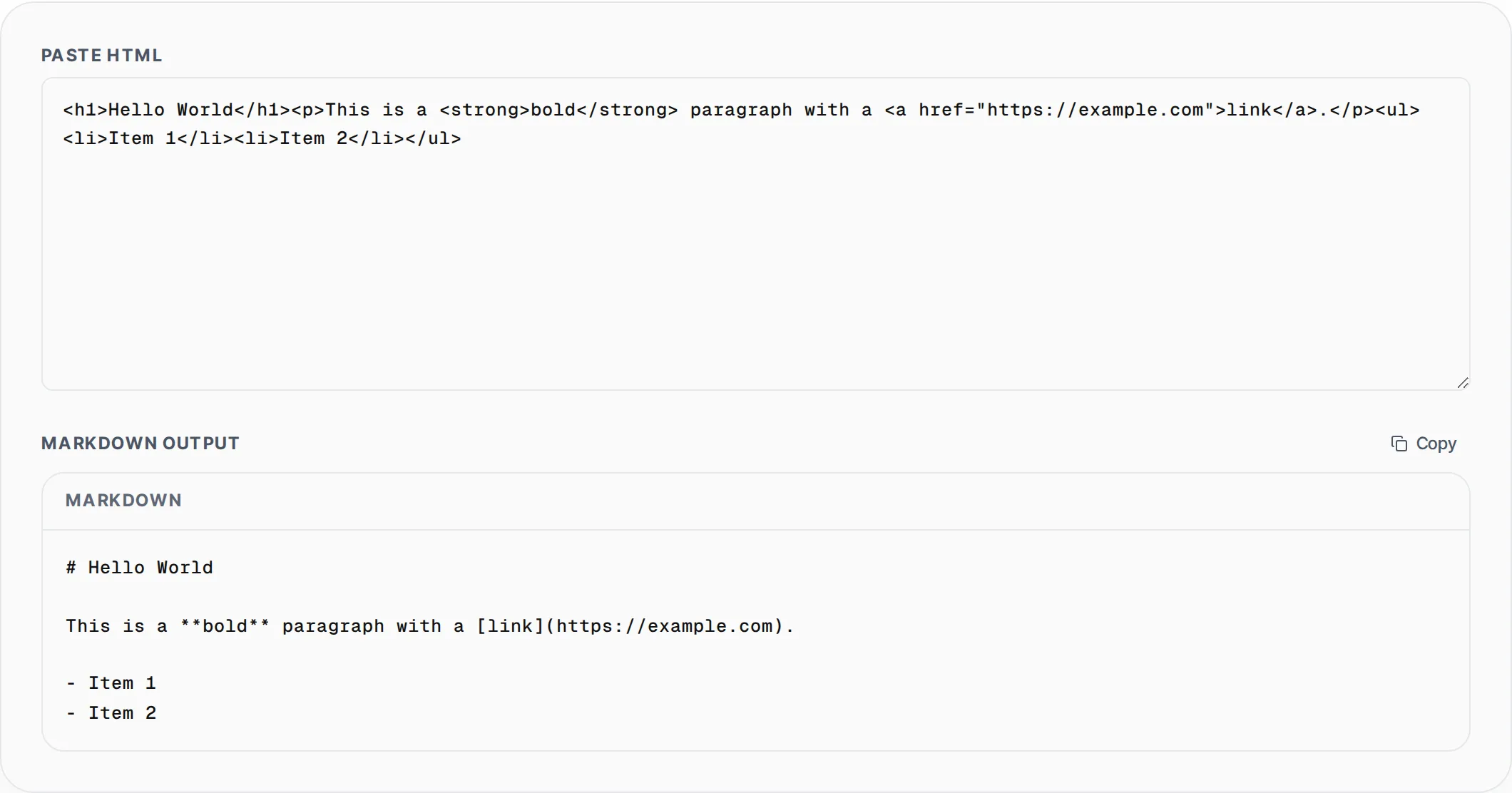 HTML to Markdown Converter showing a worked example — Convert HTML to clean Markdown. Handles headings, links, images, lists and code blocks.