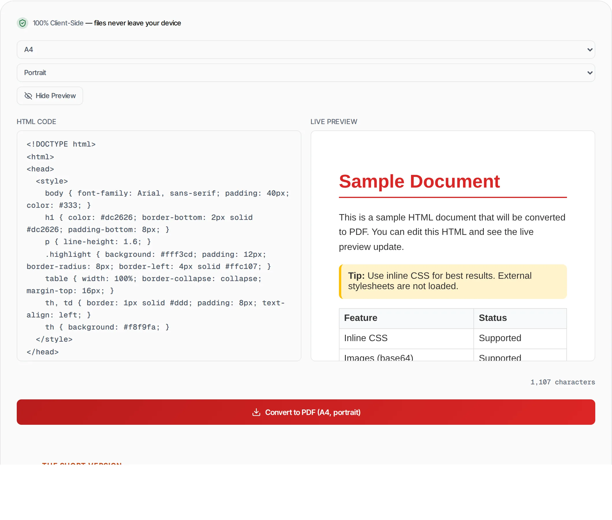 HTML to PDF Converter showing a worked example — Paste HTML code and convert it to a downloadable PDF. Renders with full CSS styling support.