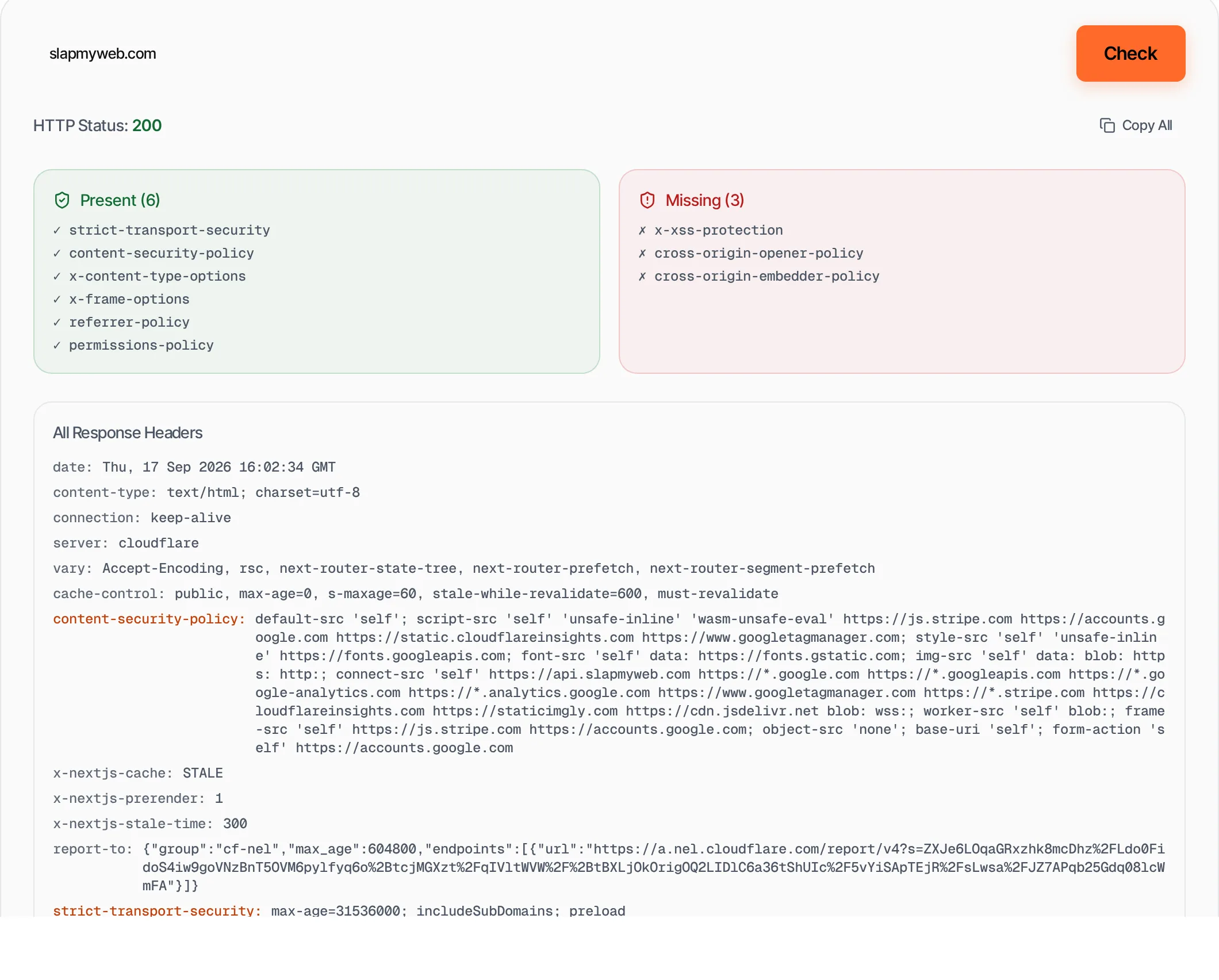HTTP Header Checker showing a worked example — View any URL's HTTP response headers including security headers, caching and server info.