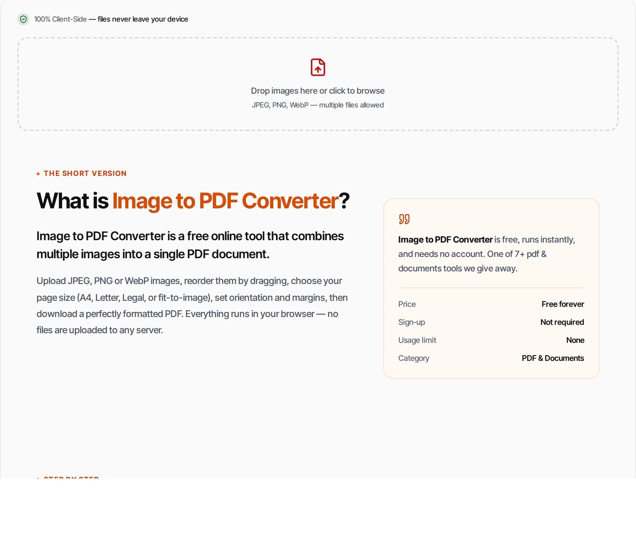 Image to PDF Converter showing a worked example — Convert JPEG, PNG and WebP images to a single PDF document. Custom page size and margins.