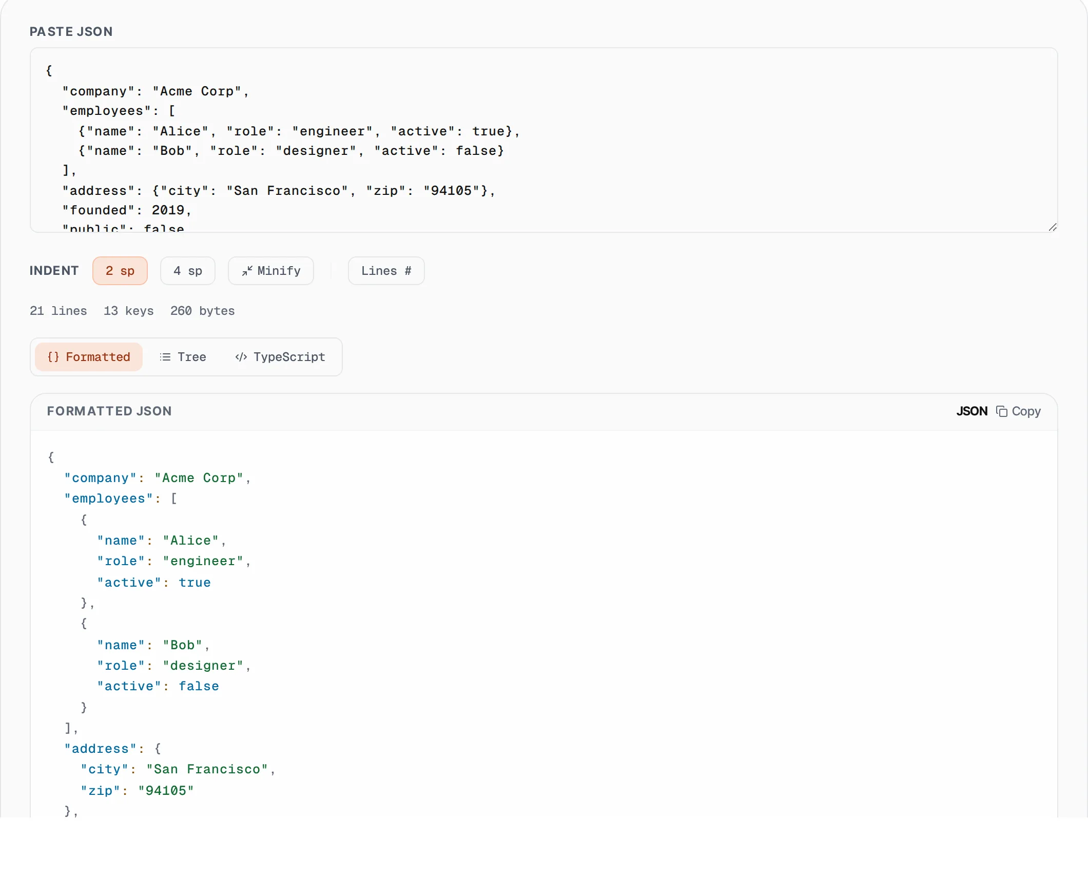 JSON Formatter & Validator showing a worked example — Pretty-print and validate JSON with 2 / 4 space indentation.