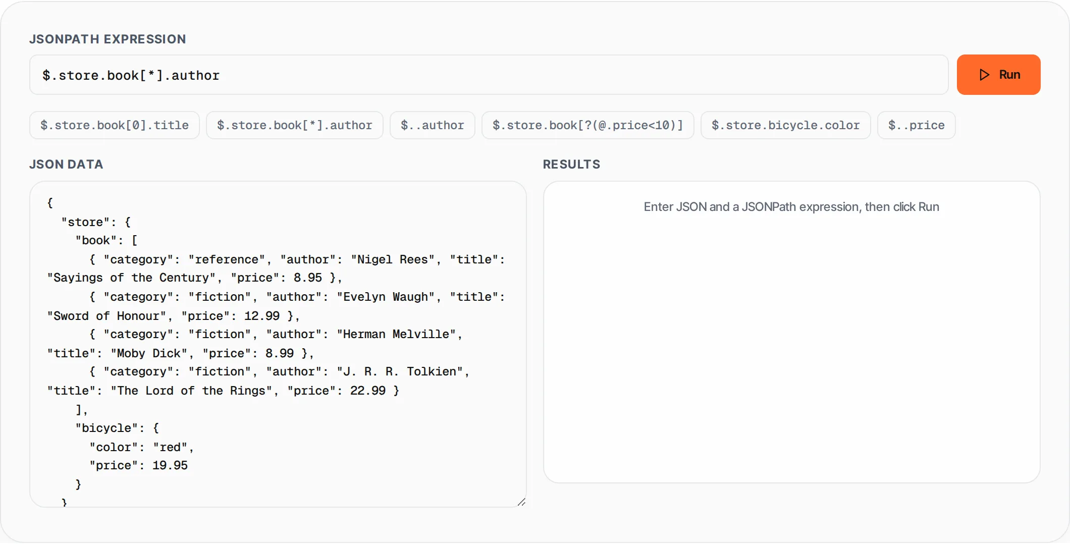 JSON Path Tester showing a worked example — Test JSONPath expressions against JSON data. See matched results highlighted in real-time.