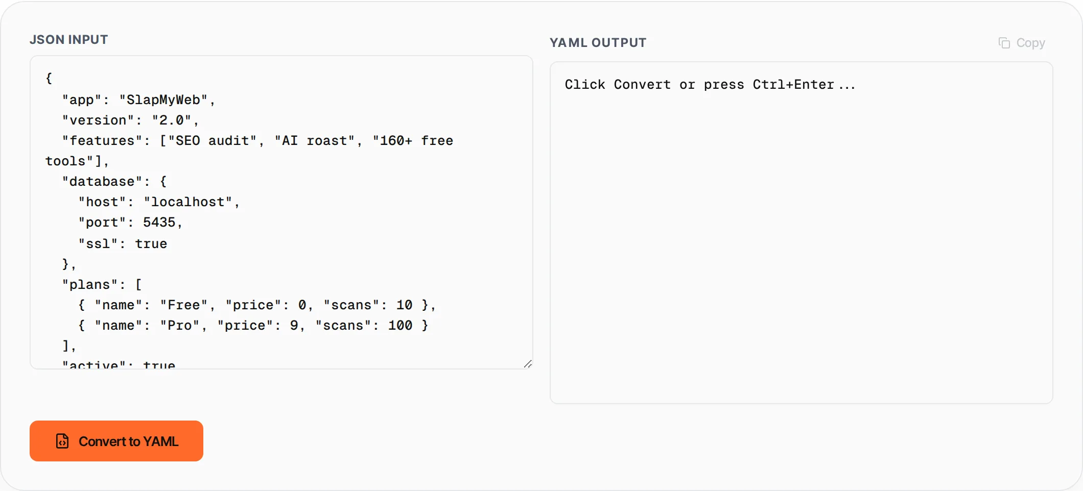 JSON to YAML Converter showing a worked example — Convert JSON data to YAML format with proper indentation. Handles nested objects and arrays.