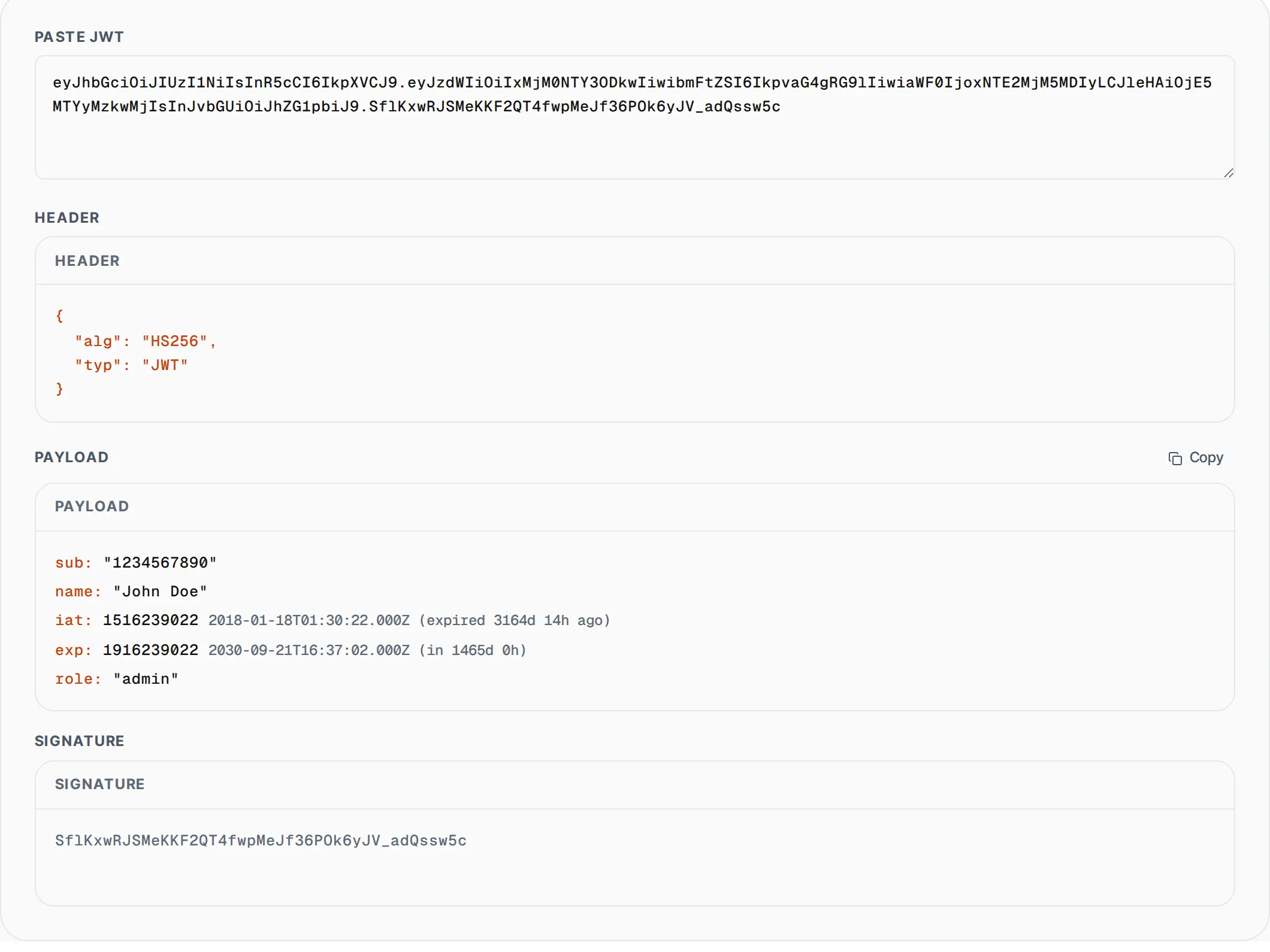 JWT Decoder showing a worked example — Decode and inspect JSON Web Tokens. View header, payload, claims and expiration status.