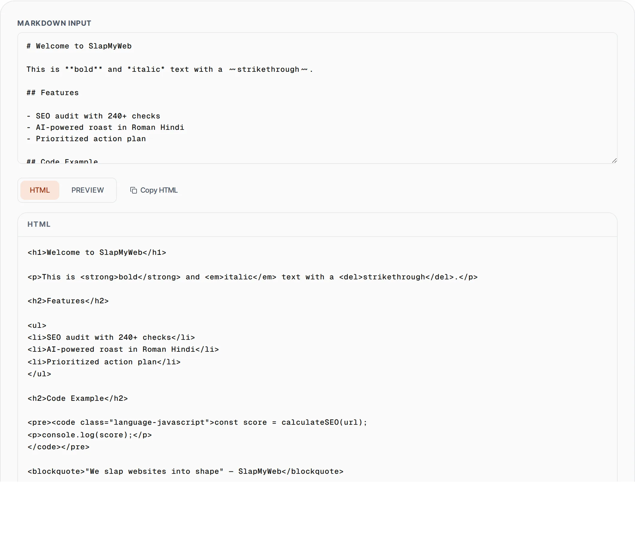 Markdown to HTML Converter showing a worked example — Convert Markdown to clean HTML. Supports headings, bold, italic, links, code blocks, lists.