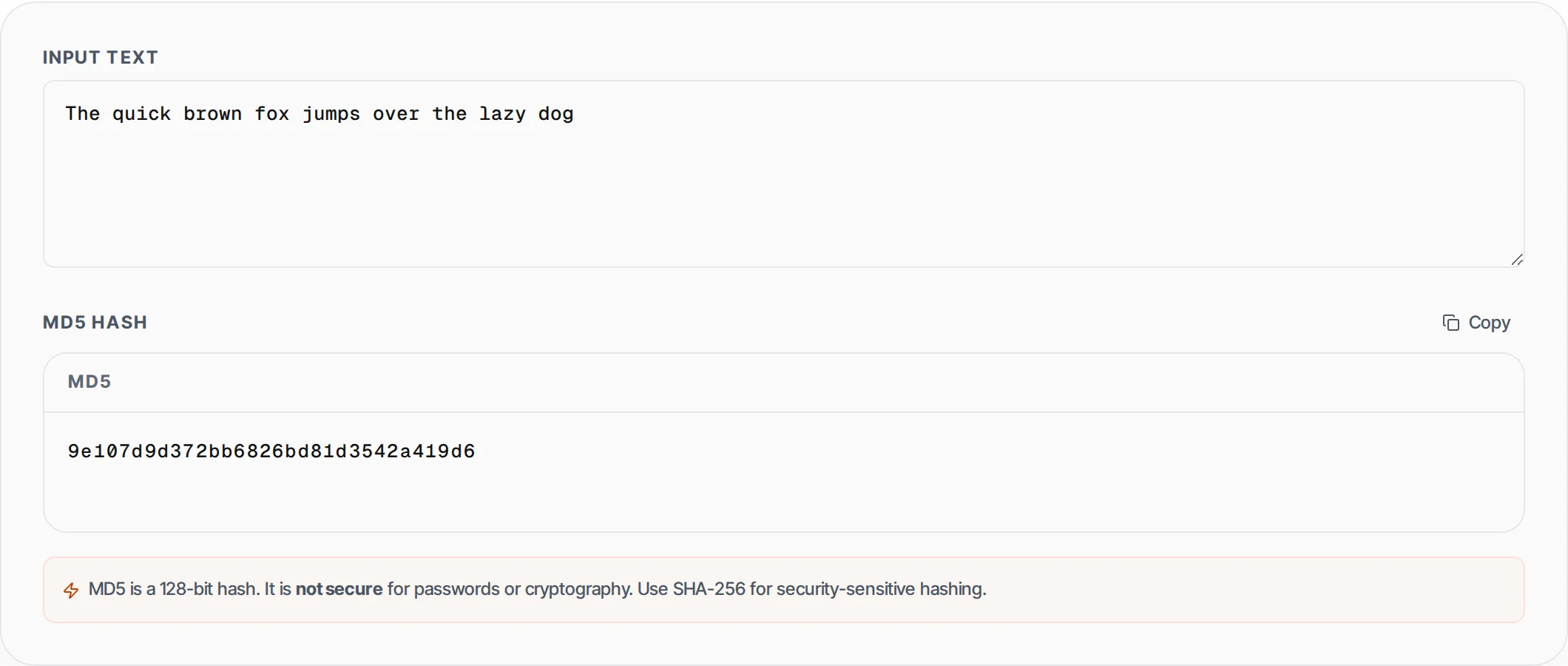 MD5 Hash Generator showing a worked example — Generate MD5 hashes from any text. Pure JS RFC 1321 implementation, runs in your browser.