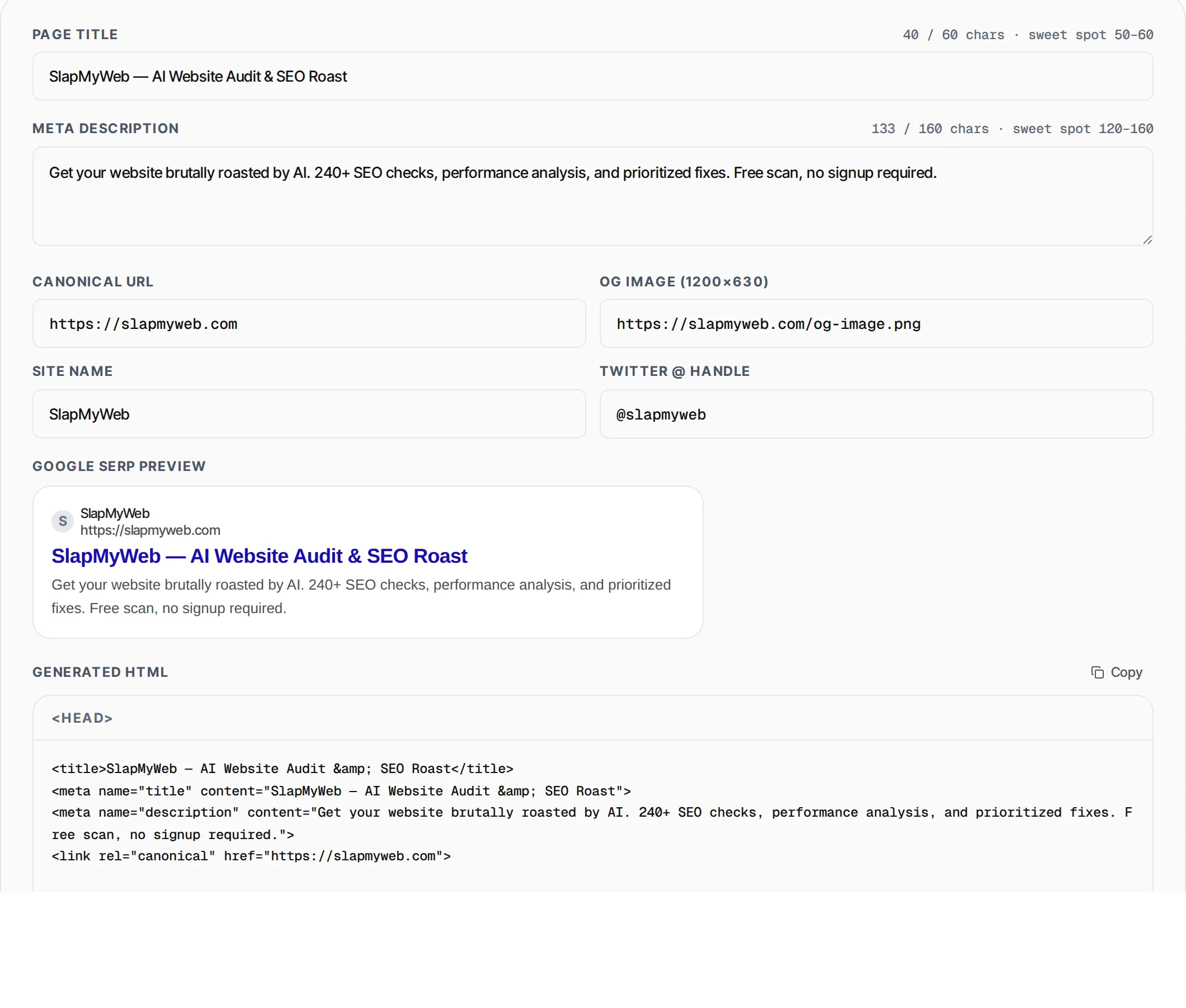 Meta Tag Generator showing a worked example — Import metadata from a URL or edit SEO and social tags, preview them, and copy the generated HTML.
