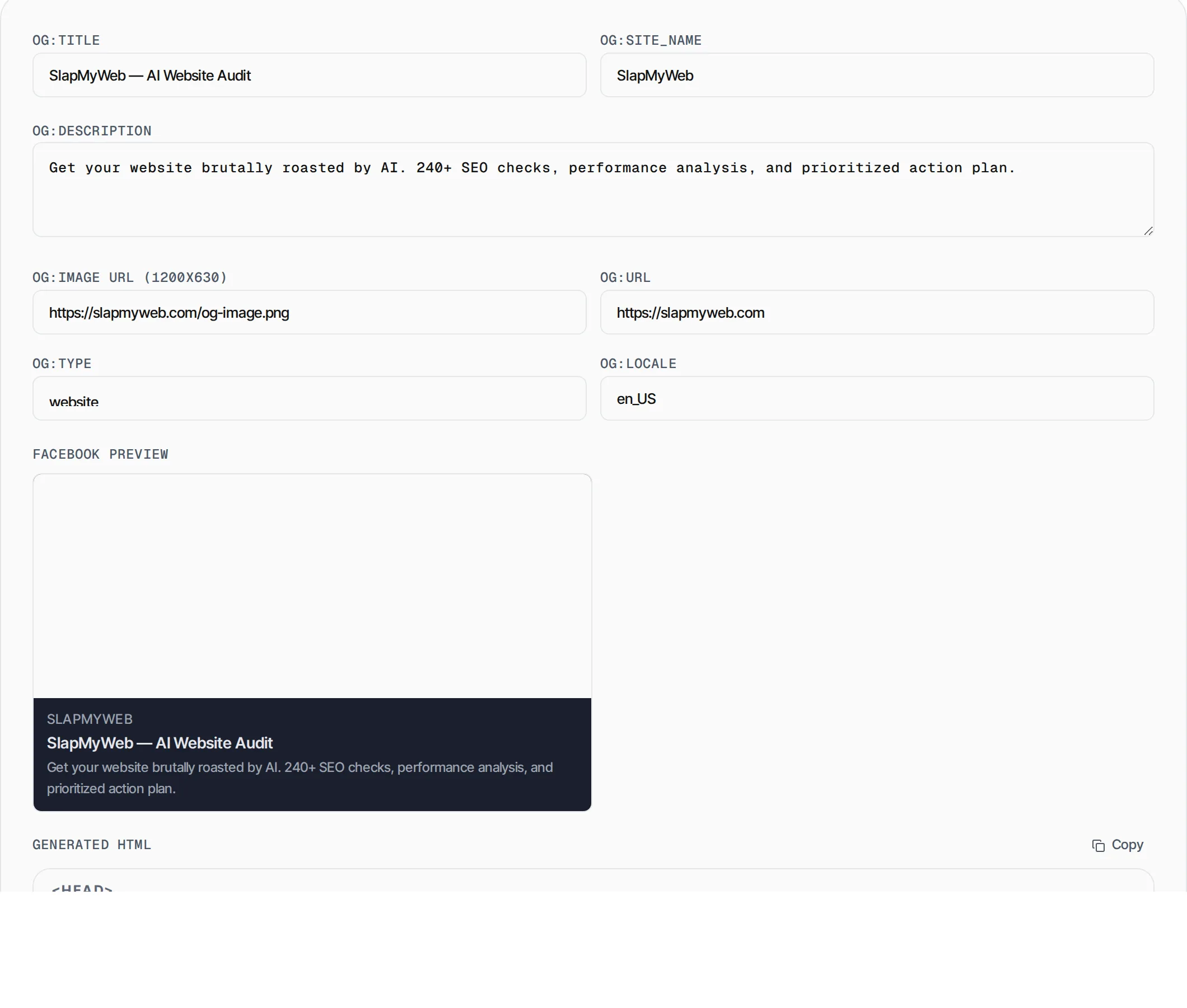 Open Graph Tag Generator showing a worked example — Generate Open Graph meta tags with live Facebook and LinkedIn preview.