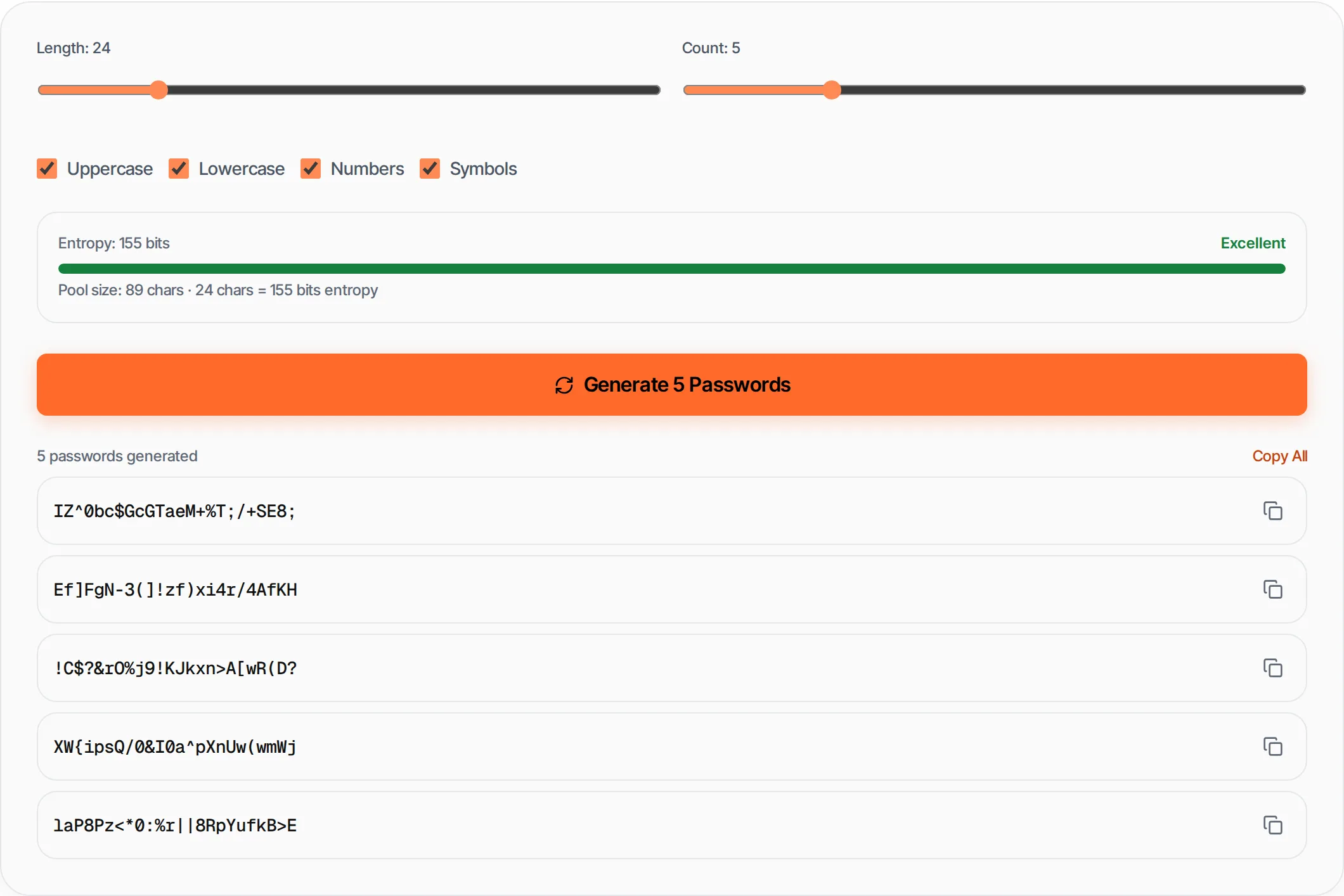 Password Generator showing a worked example — Generate strong, random passwords with customizable length, symbols, numbers and uppercase letters.