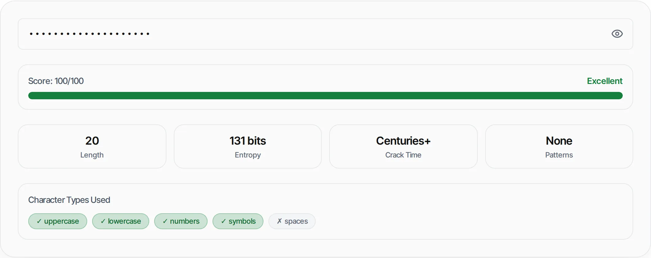 Password Strength Checker showing a worked example — Analyze password strength with entropy calculation, pattern detection and crack time estimation.