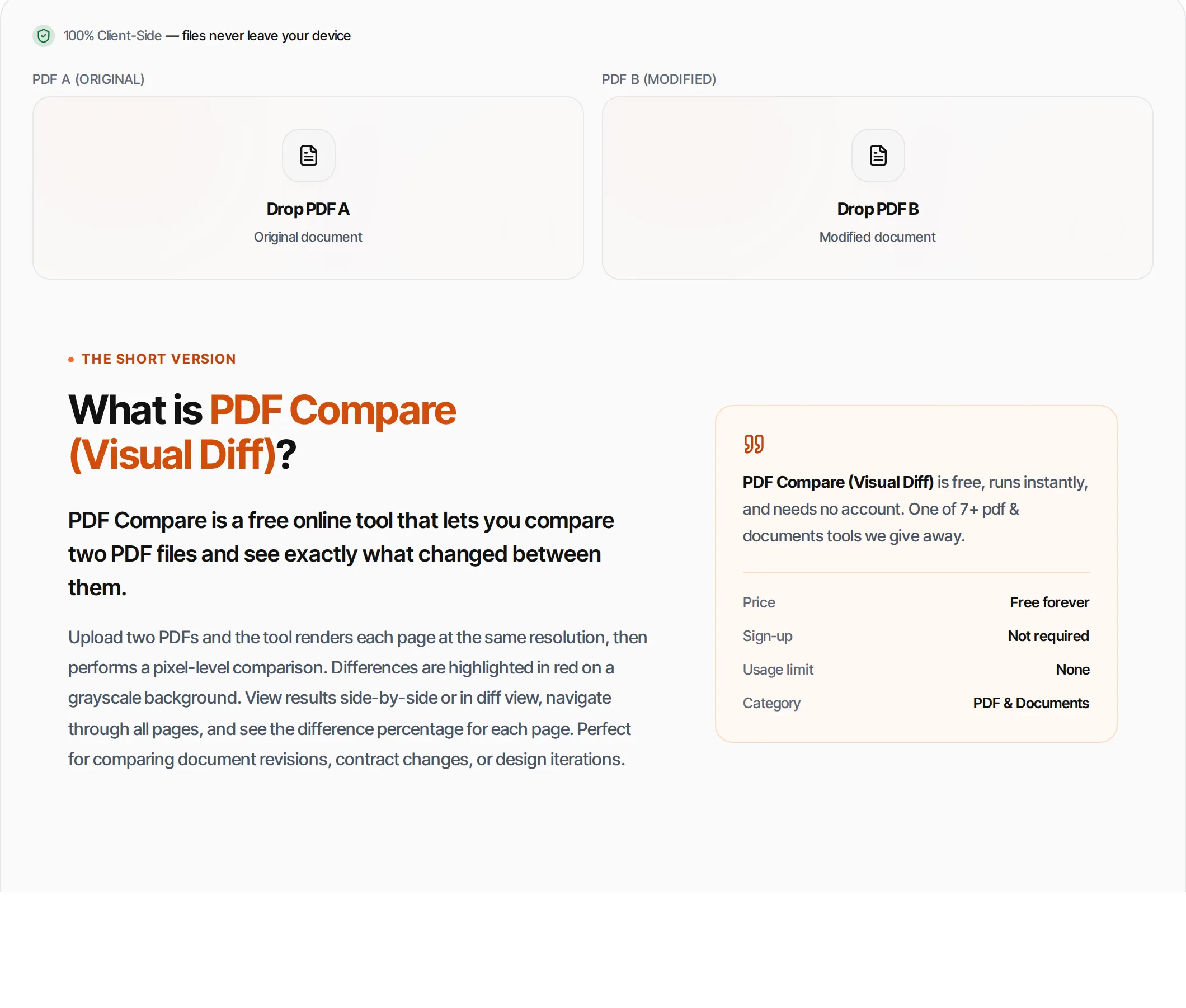 PDF Compare (Visual Diff) showing a worked example — Compare two PDF files side by side. Highlights pixel-level differences between documents.