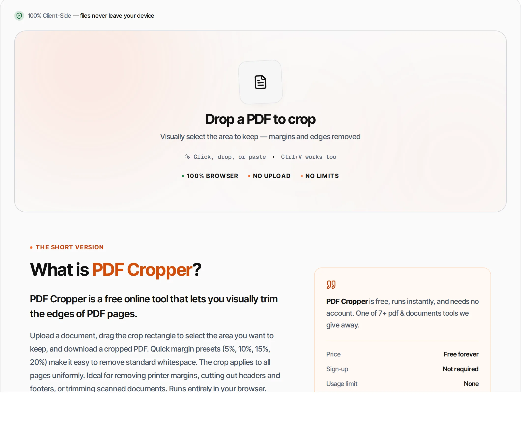 PDF Cropper showing a worked example — Visually select a crop area on PDF pages. Remove margins, headers, footers or unwanted edges.