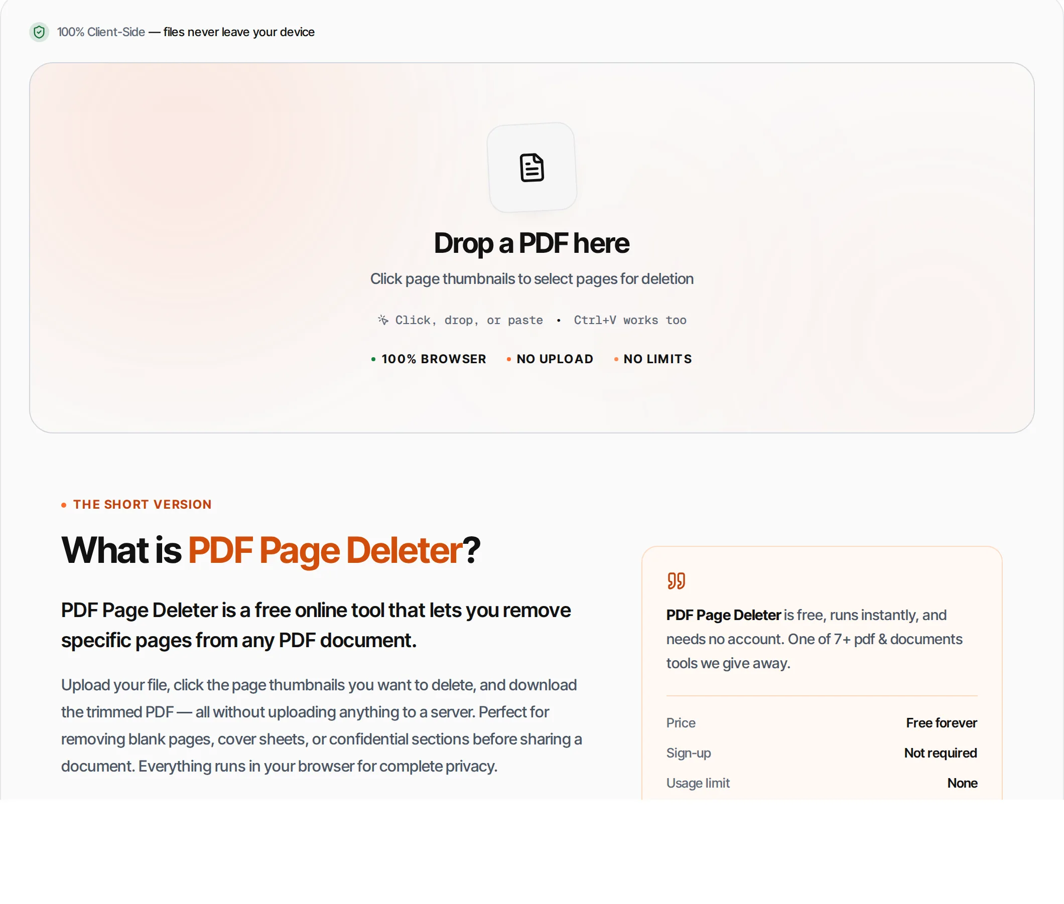 PDF Page Deleter showing a worked example — Select and remove unwanted pages from your PDF. Visual thumbnail preview before deletion.