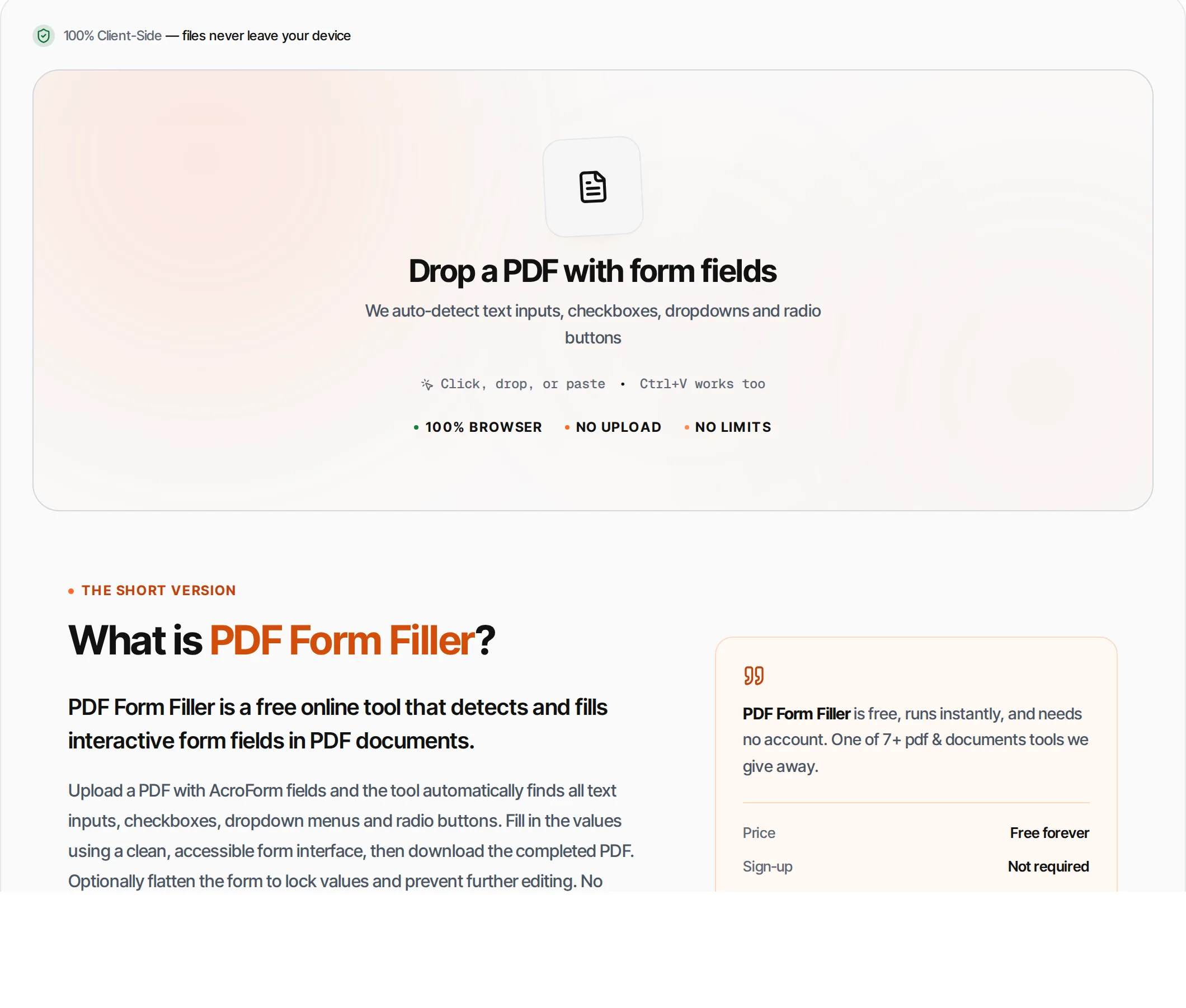 PDF Form Filler showing a worked example — Detect and fill interactive PDF form fields. Text inputs, checkboxes, dropdowns and radio buttons.