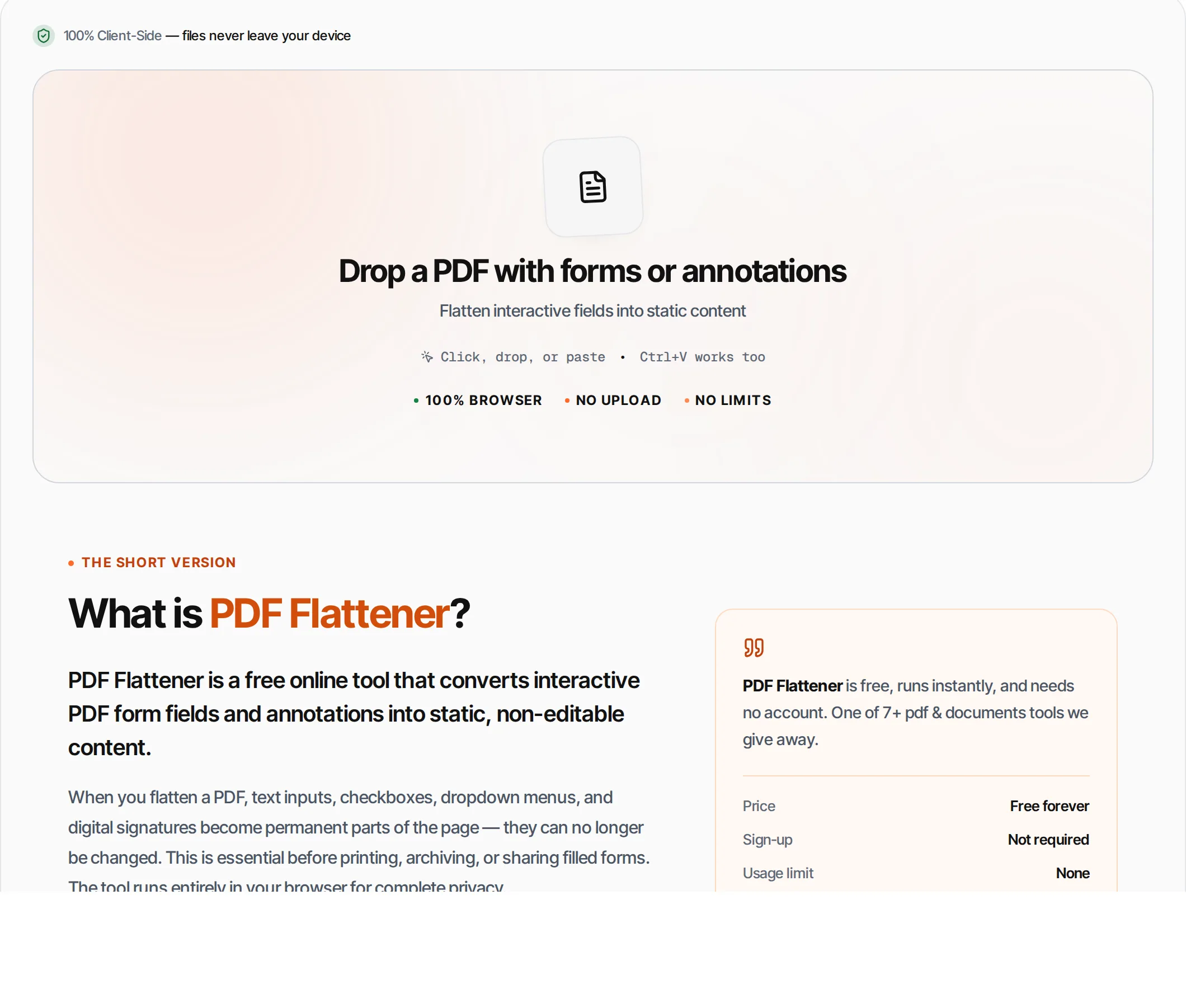PDF Flattener showing a worked example — Flatten PDF forms and annotations into static content. Makes PDFs print-safe and non-editable.